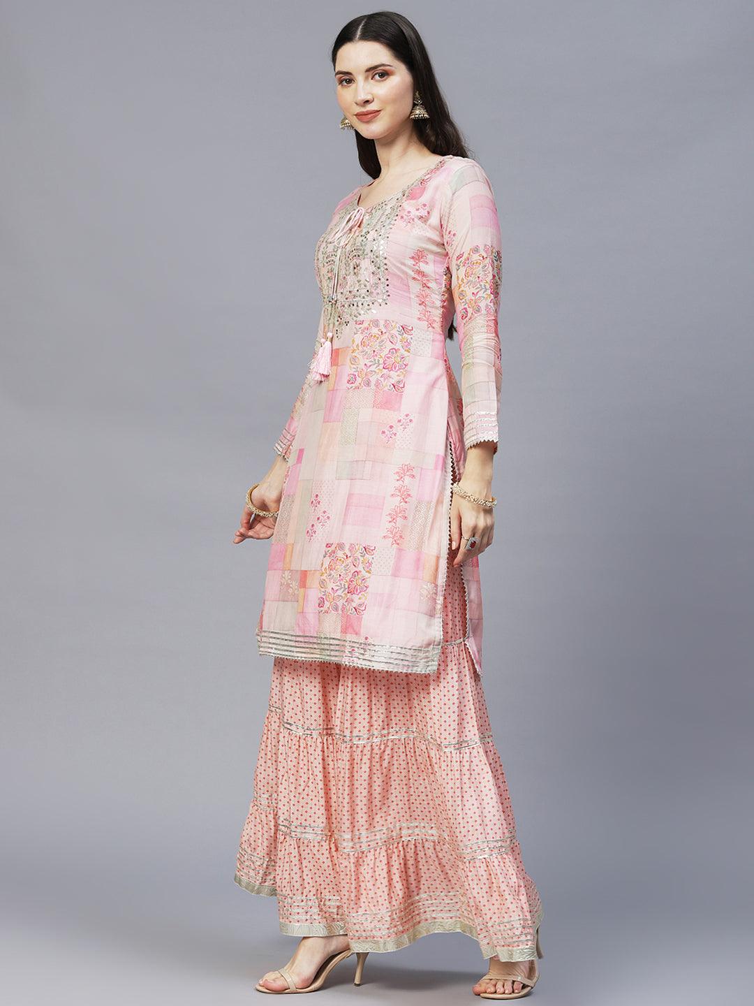 Ethnic Printed & Hand Embroidered Kurta with Sharara & Dupatta - Multi - Indiakreations