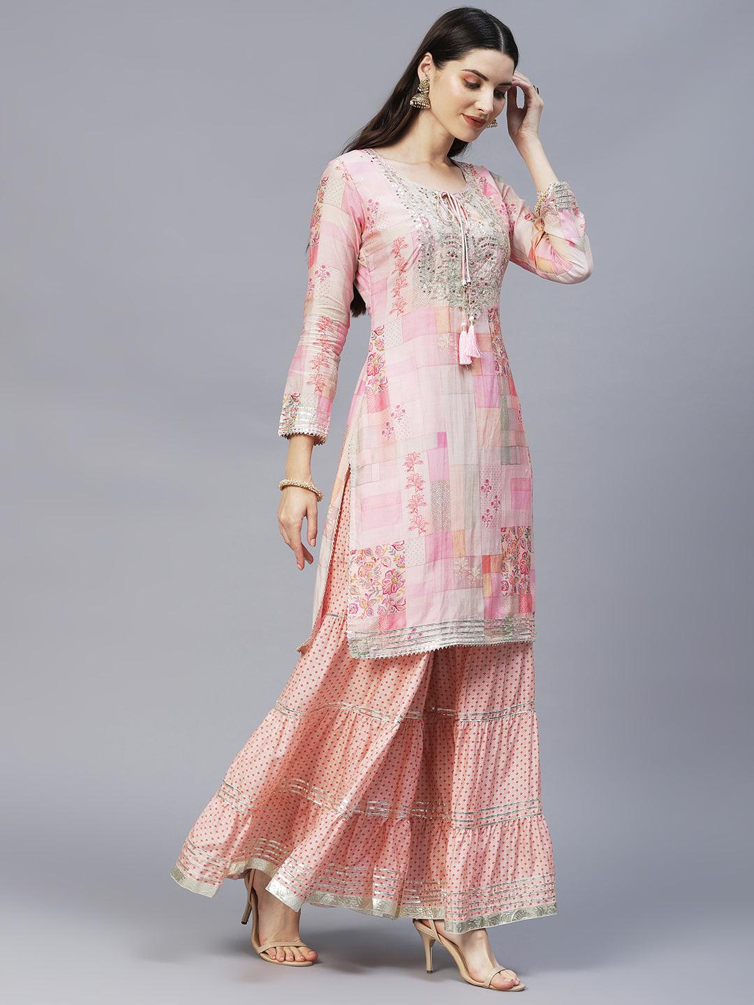 Ethnic Printed & Hand Embroidered Kurta with Sharara & Dupatta - Multi - Indiakreations