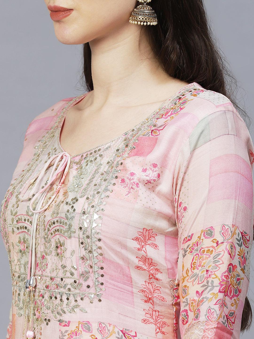 Ethnic Printed & Hand Embroidered Kurta with Sharara & Dupatta - Multi - Indiakreations