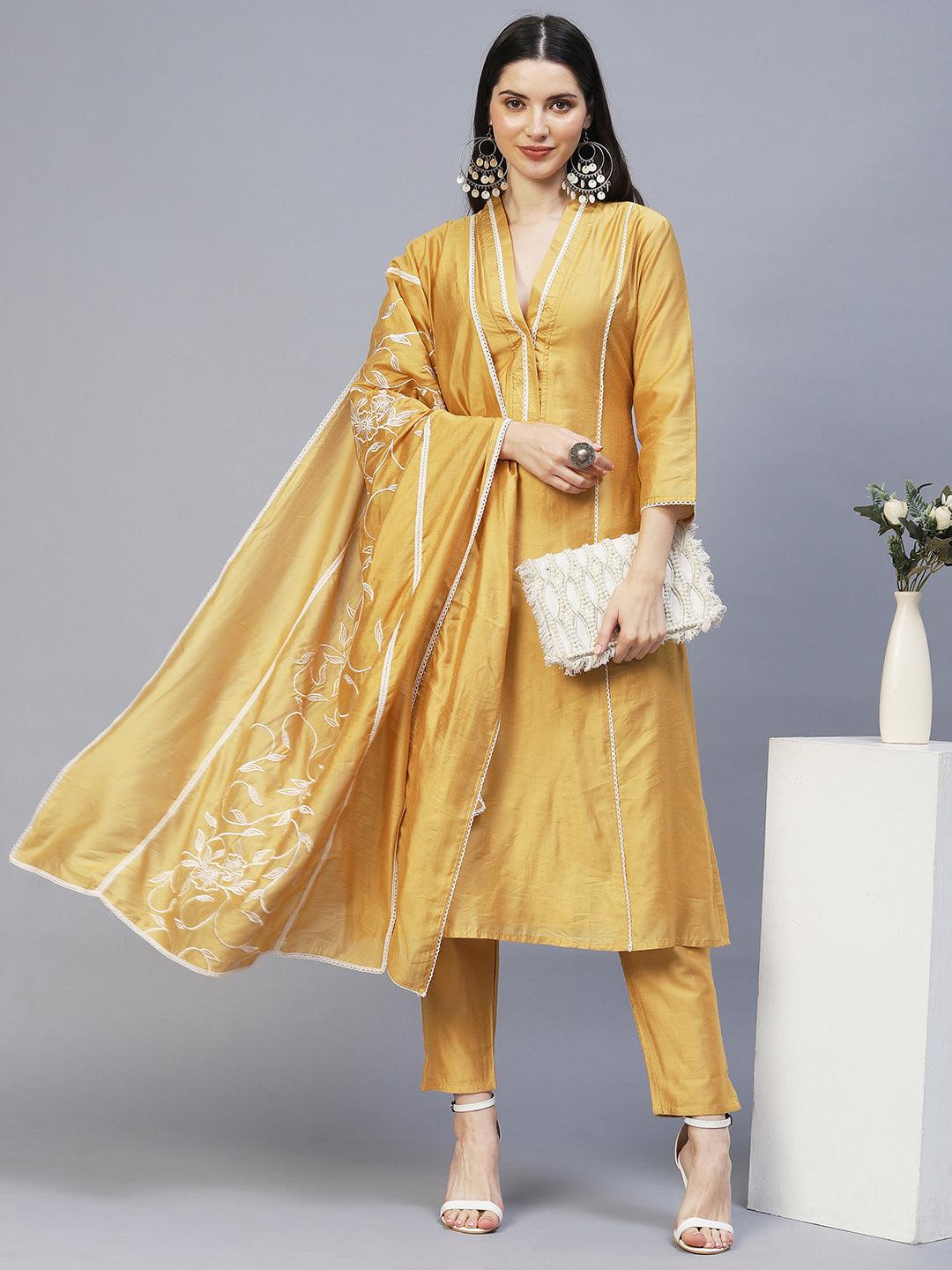 Ethnic Embroidered A-Line Kurta with Pants & Dupatta - Mustard - Indiakreations