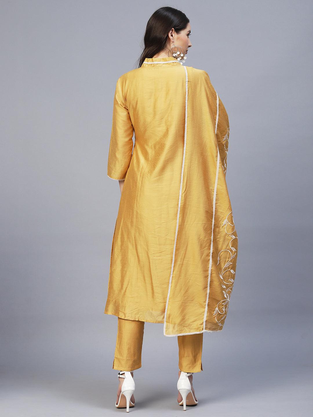 Ethnic Embroidered A-Line Kurta with Pants & Dupatta - Mustard - Indiakreations