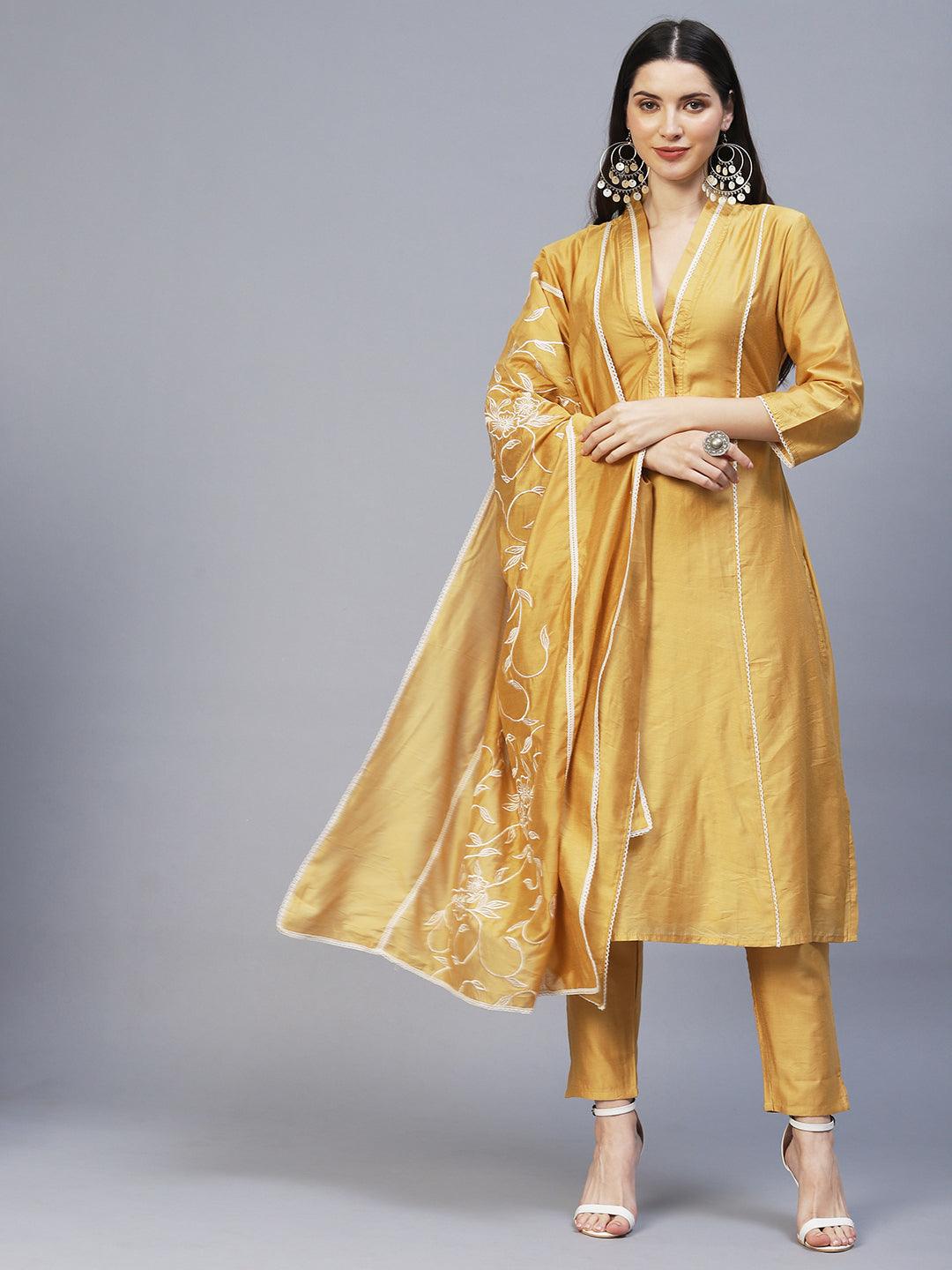 Ethnic Embroidered A-Line Kurta with Pants & Dupatta - Mustard - Indiakreations