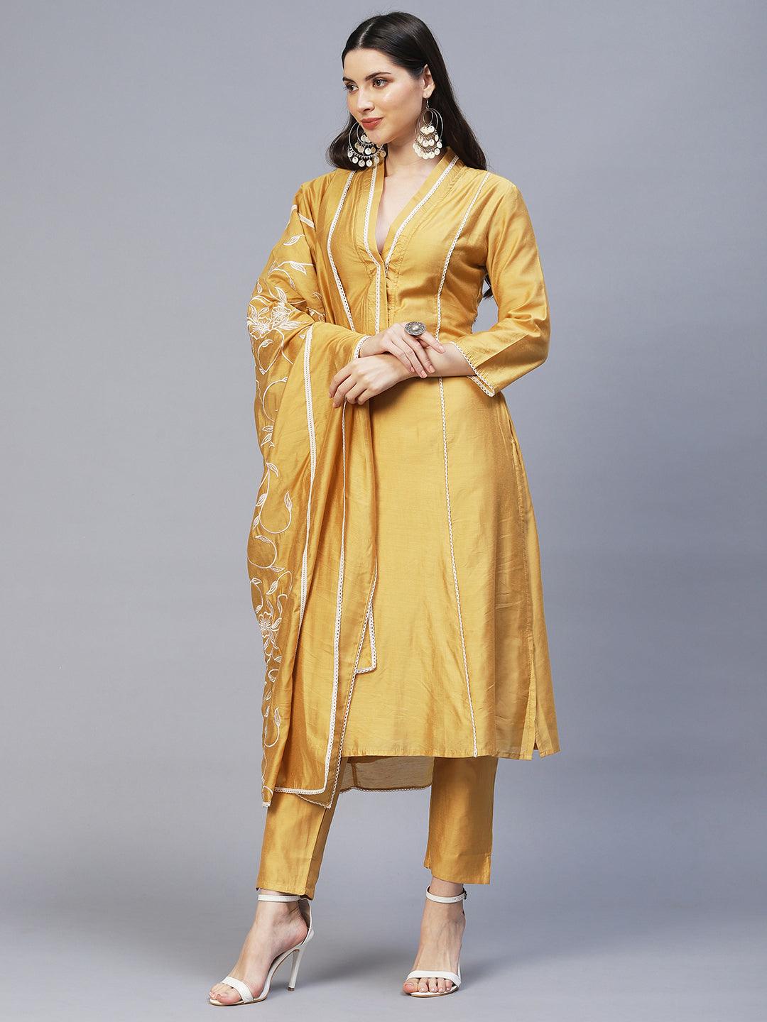 Ethnic Embroidered A-Line Kurta with Pants & Dupatta - Mustard - Indiakreations