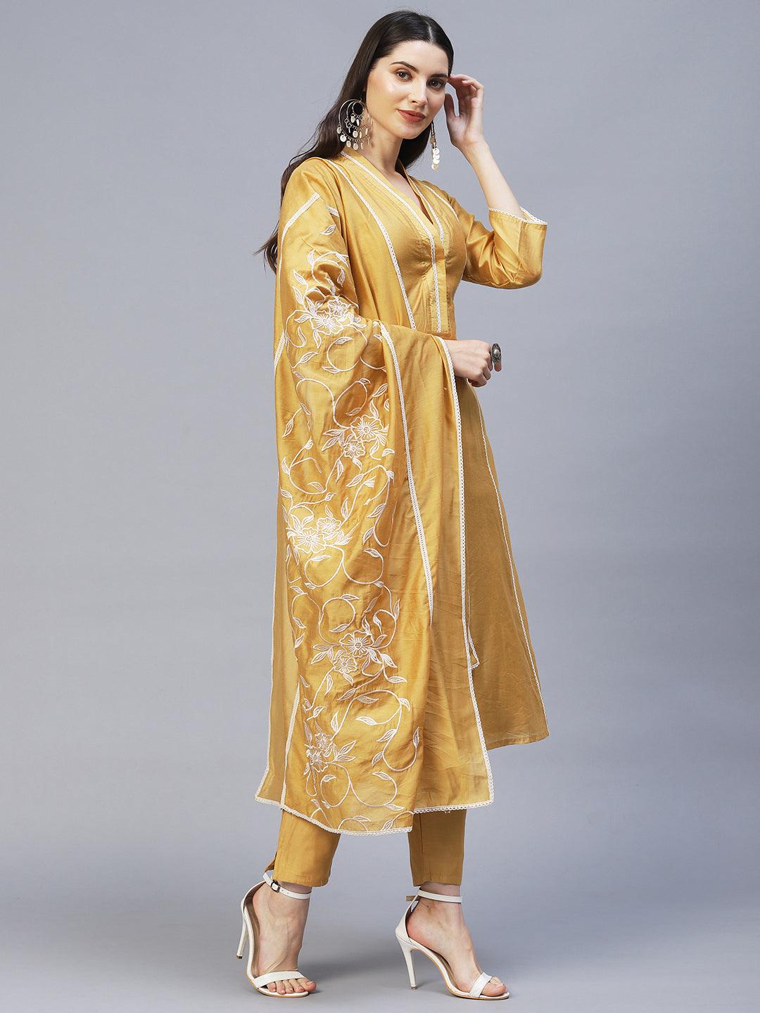 Ethnic Embroidered A-Line Kurta with Pants & Dupatta - Mustard - Indiakreations