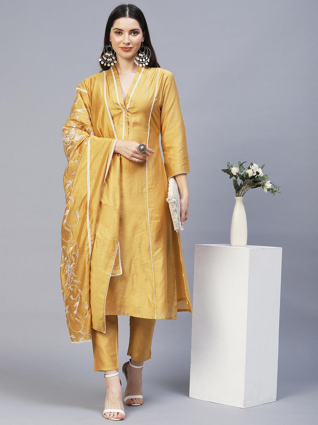 Ethnic Embroidered A-Line Kurta with Pants & Dupatta - Mustard - Indiakreations