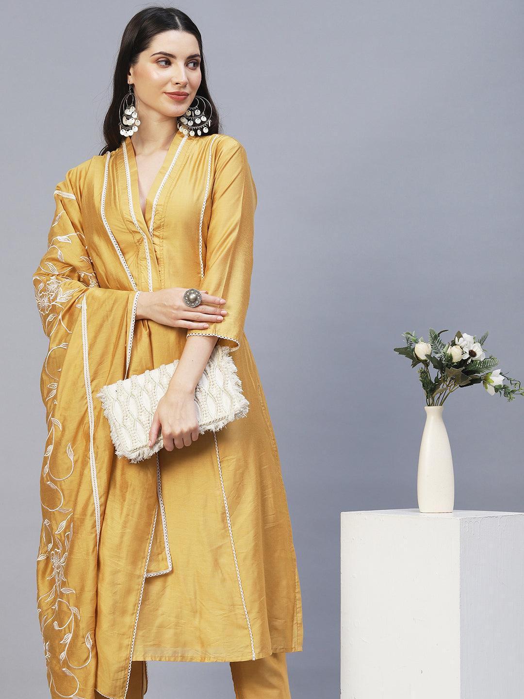 Ethnic Embroidered A-Line Kurta with Pants & Dupatta - Mustard - Indiakreations