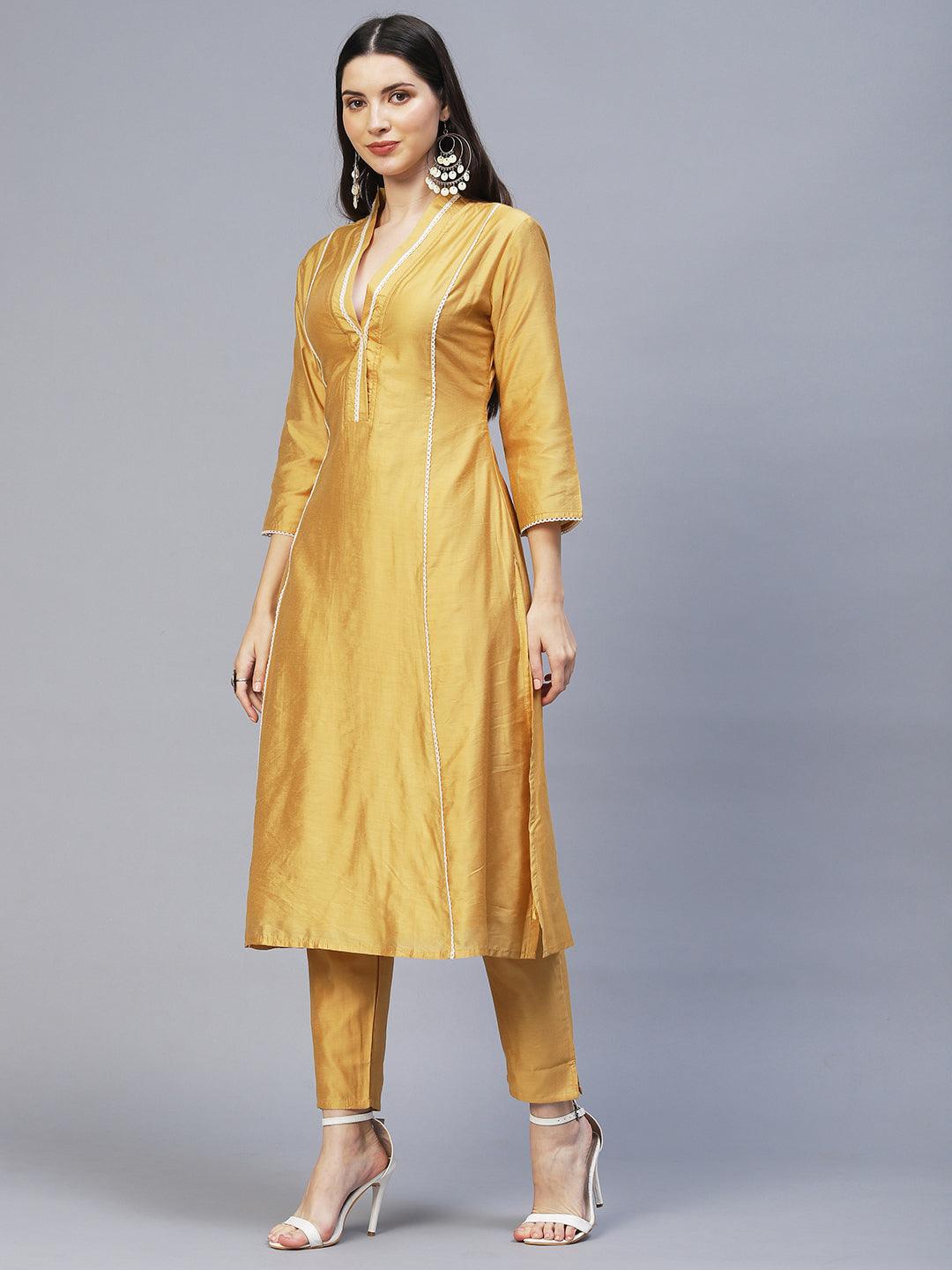 Ethnic Embroidered A-Line Kurta with Pants & Dupatta - Mustard - Indiakreations