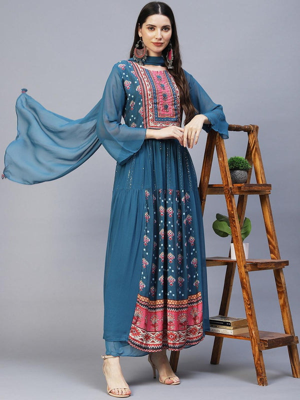 Ethnic Printed & Hand Embroidered Kurta with Palazzo & Dupatta - Blue - Indiakreations