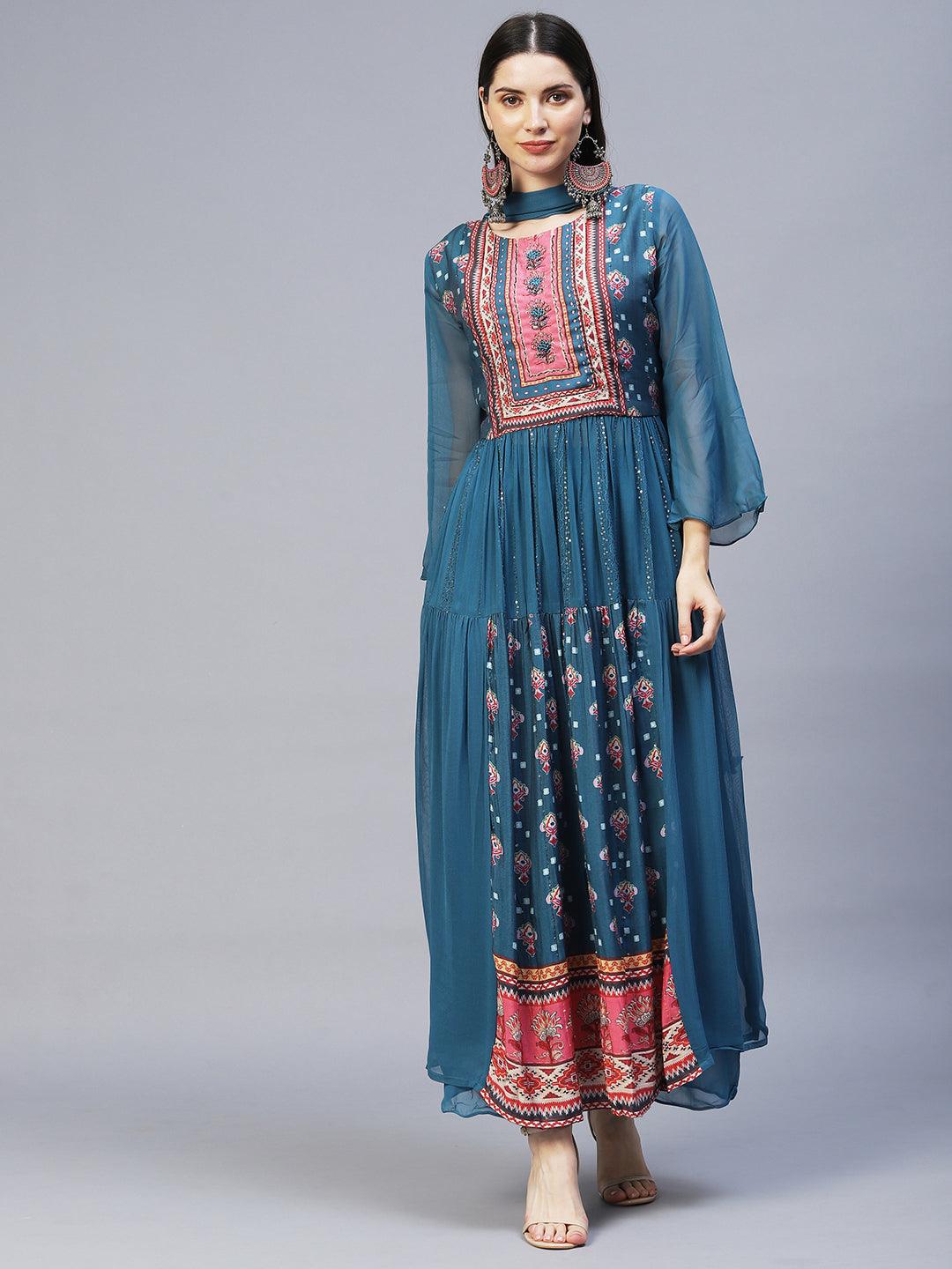 Ethnic Printed & Hand Embroidered Kurta with Palazzo & Dupatta - Blue - Indiakreations