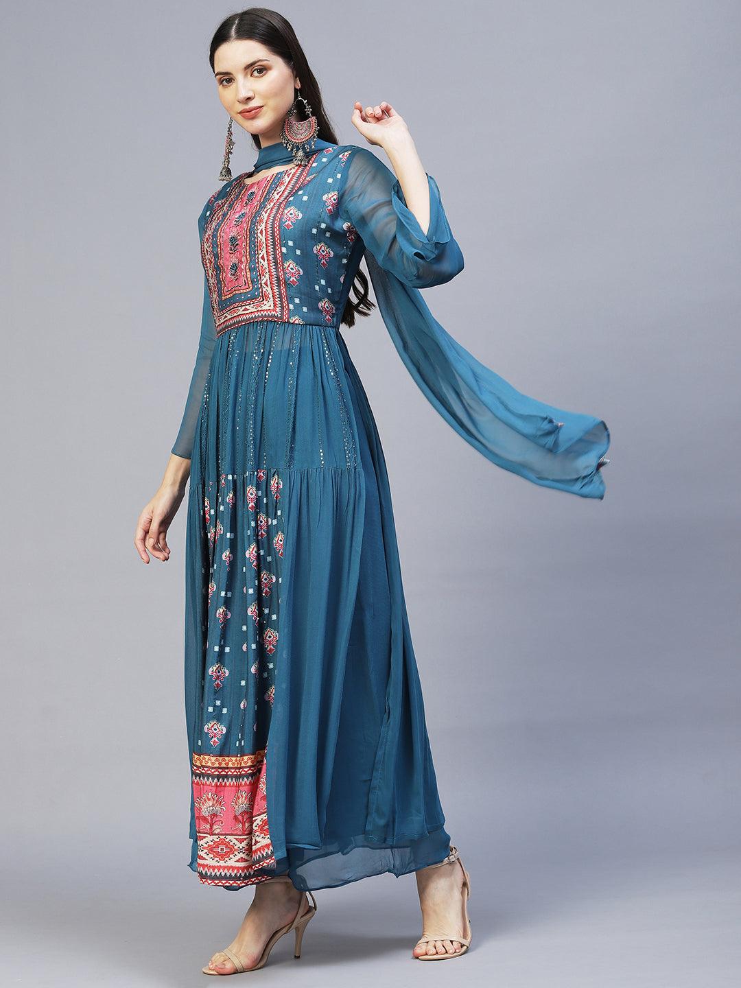 Ethnic Printed & Hand Embroidered Kurta with Palazzo & Dupatta - Blue - Indiakreations