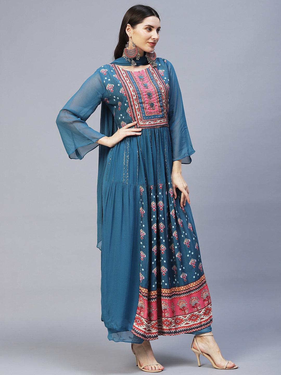 Ethnic Printed & Hand Embroidered Kurta with Palazzo & Dupatta - Blue - Indiakreations