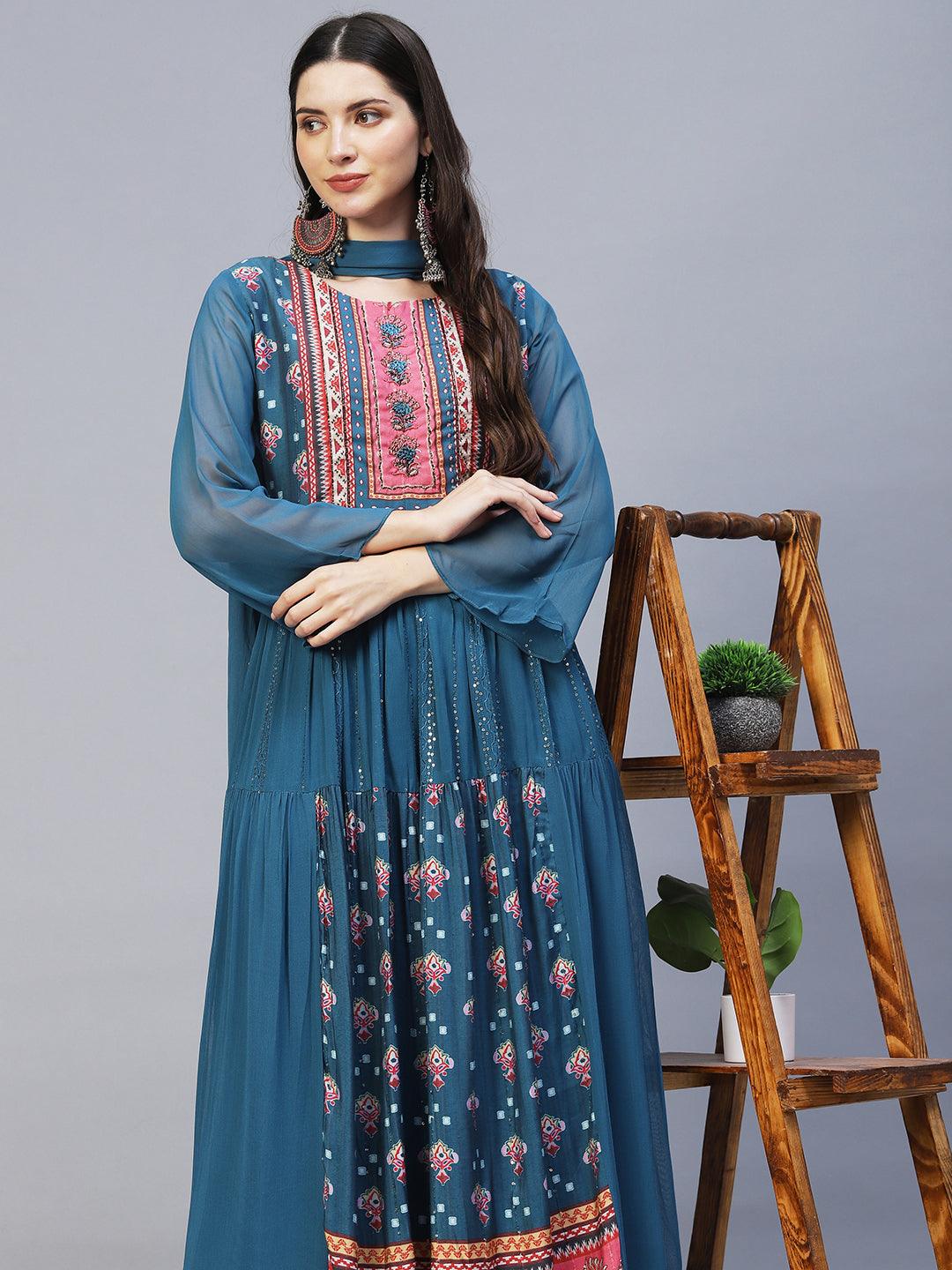 Ethnic Printed & Hand Embroidered Kurta with Palazzo & Dupatta - Blue - Indiakreations