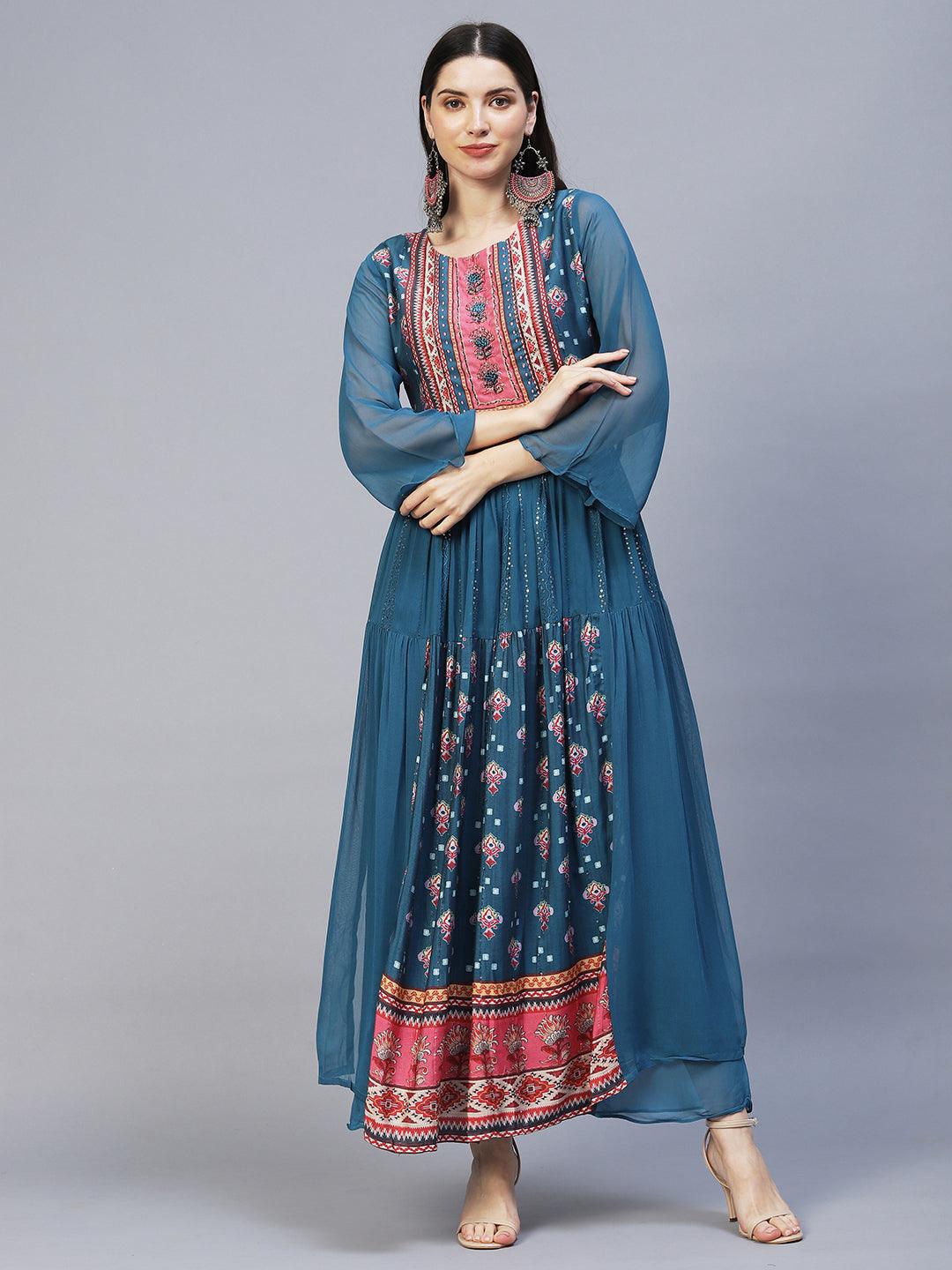 Ethnic Printed & Hand Embroidered Kurta with Palazzo & Dupatta - Blue - Indiakreations