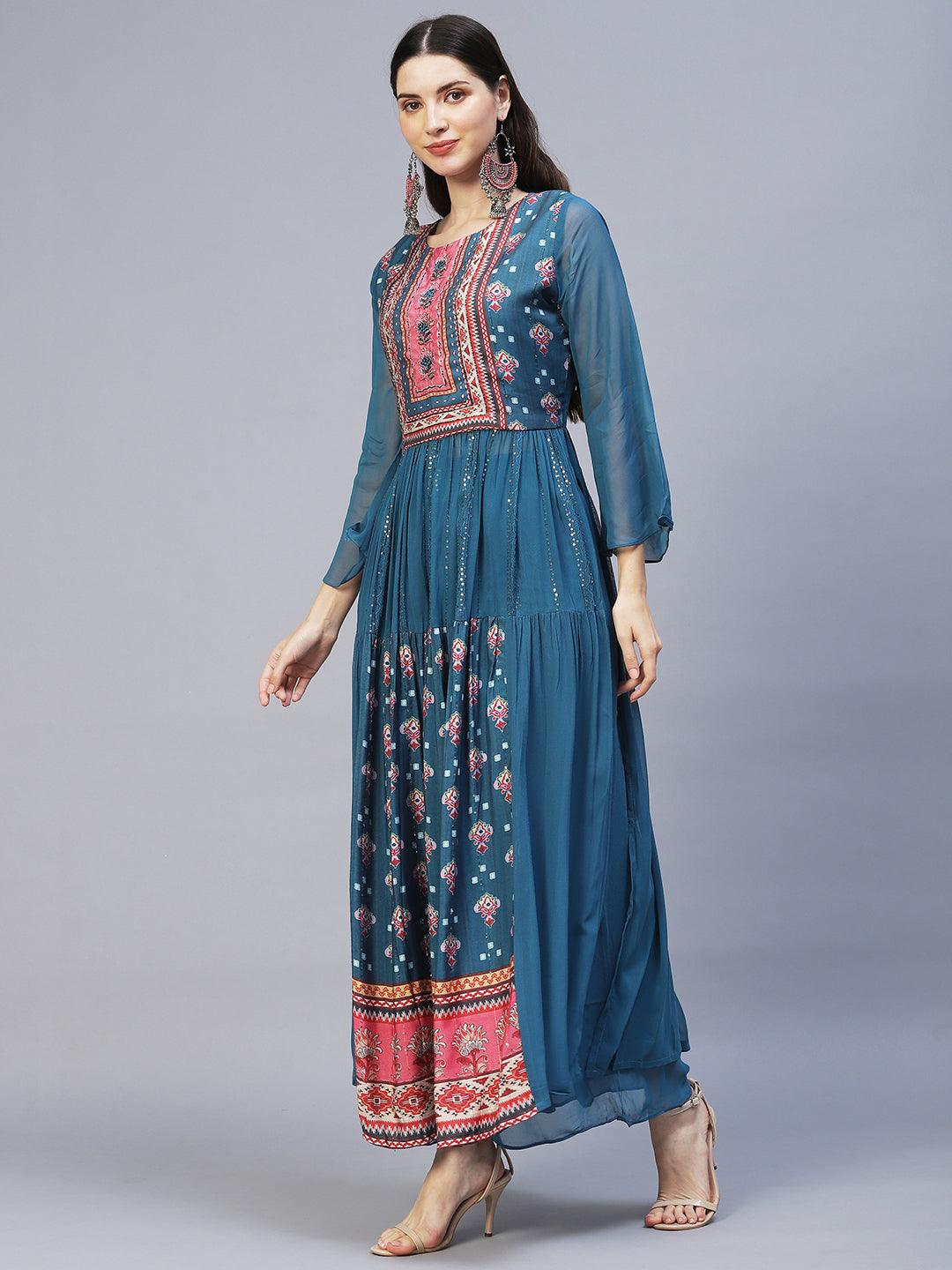 Ethnic Printed & Hand Embroidered Kurta with Palazzo & Dupatta - Blue - Indiakreations