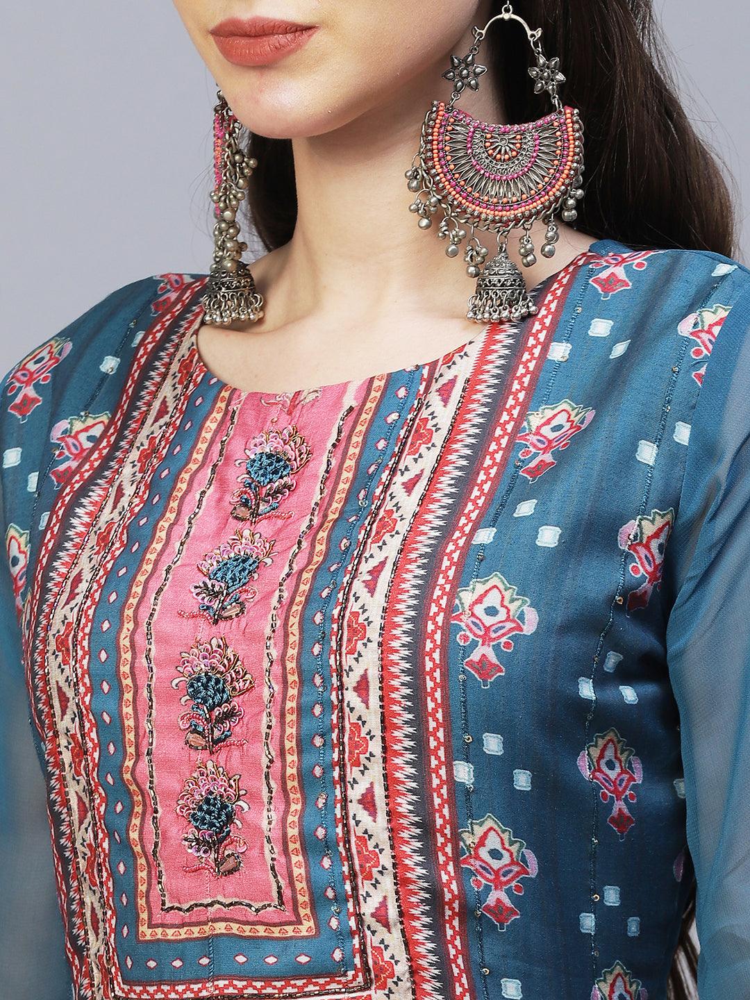 Ethnic Printed & Hand Embroidered Kurta with Palazzo & Dupatta - Blue - Indiakreations