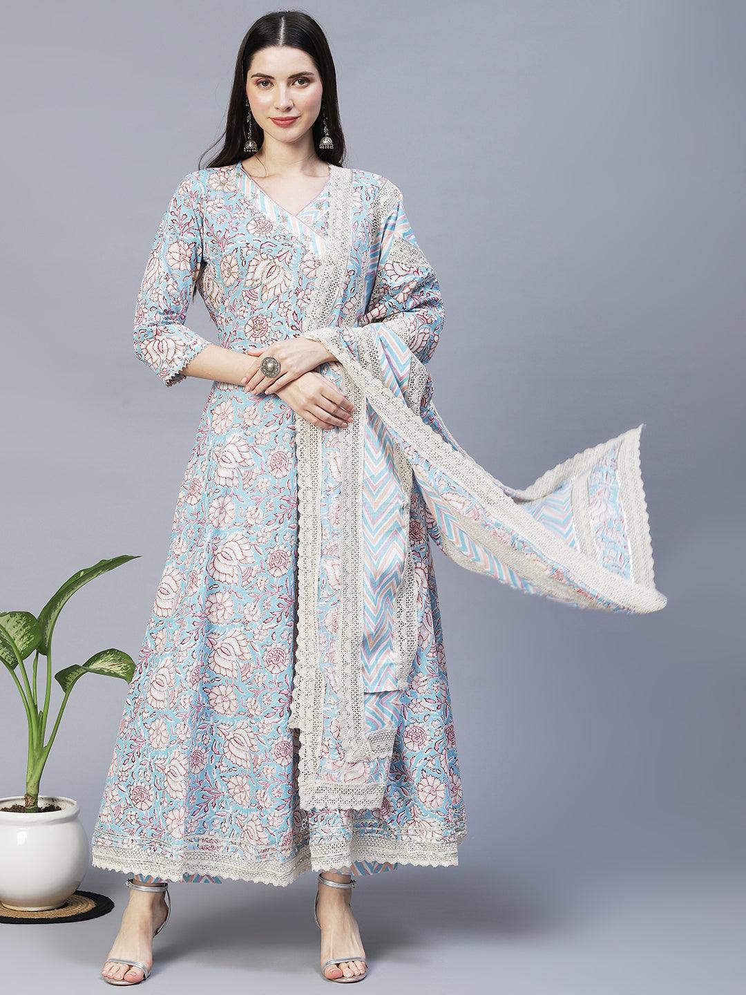 Floral Printed & Hand Embroidered Kurta with Pants & Dupatta - Light Blue - Indiakreations