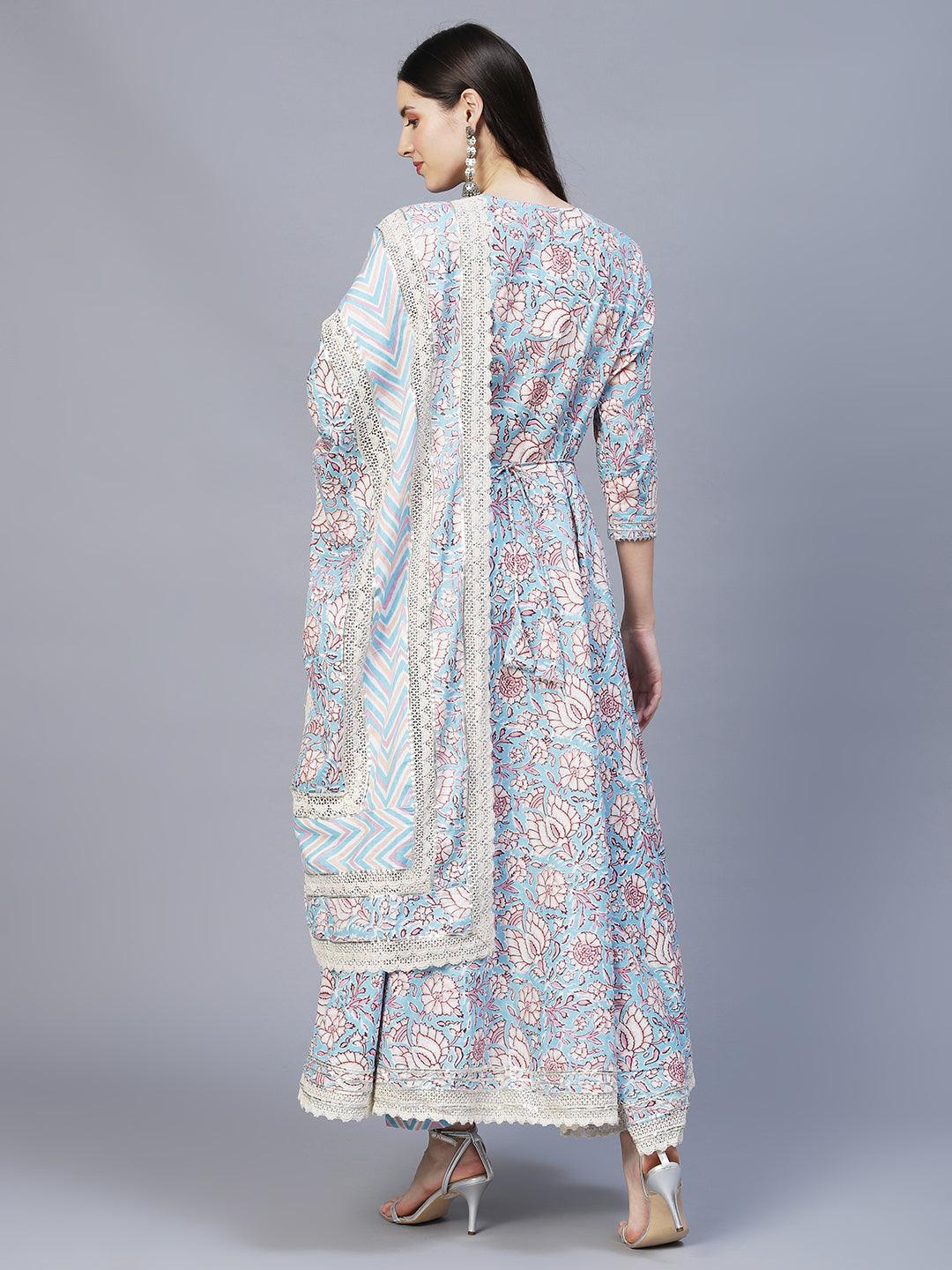 Floral Printed & Hand Embroidered Kurta with Pants & Dupatta - Light Blue - Indiakreations