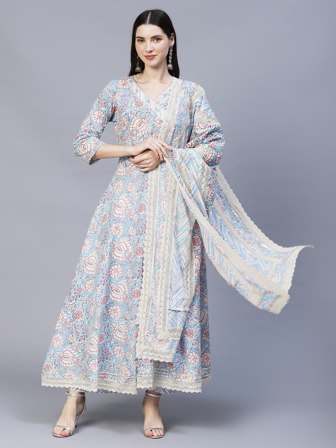 Floral Printed & Hand Embroidered Kurta with Pants & Dupatta - Light Blue - Indiakreations