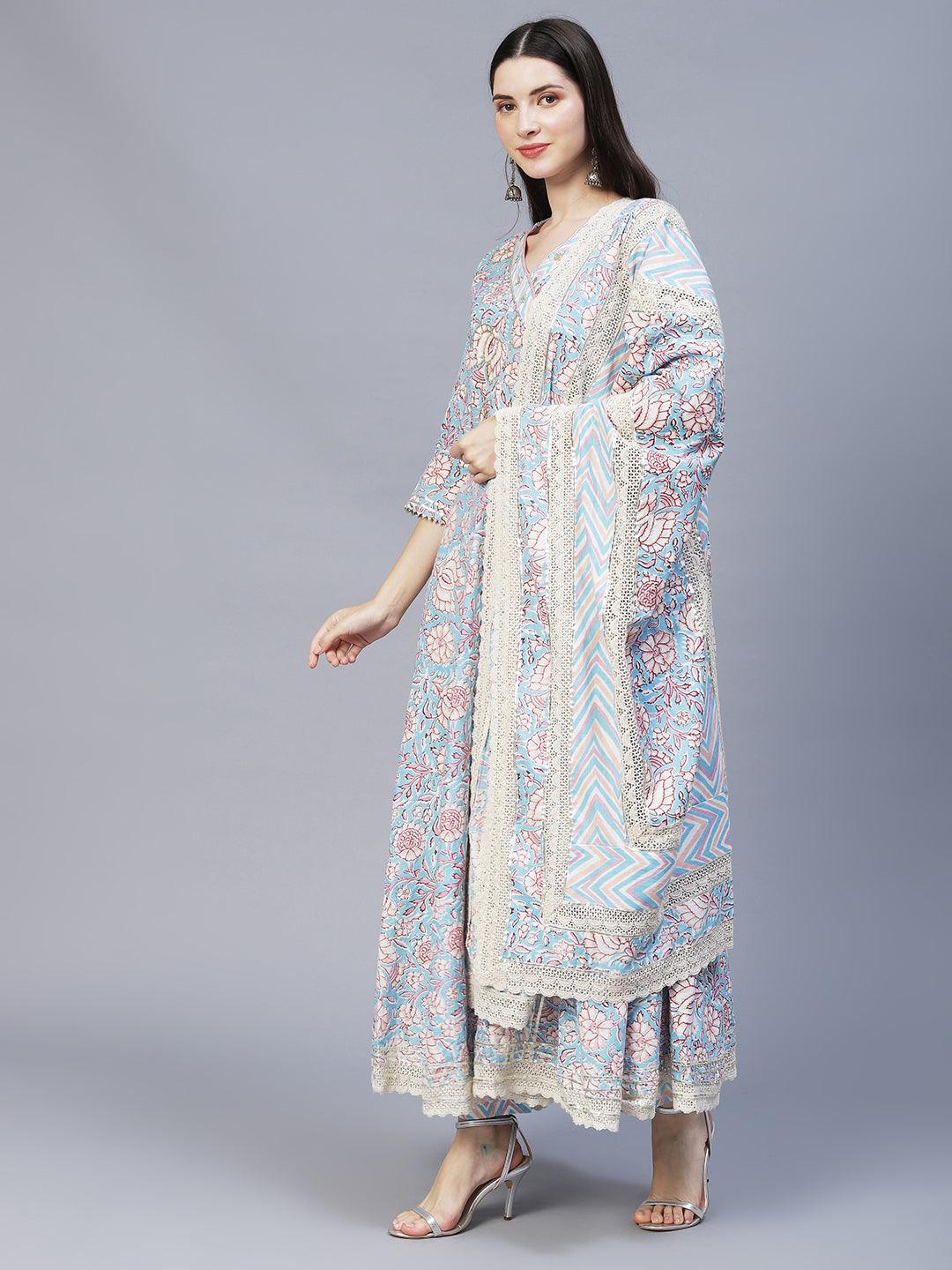 Floral Printed & Hand Embroidered Kurta with Pants & Dupatta - Light Blue - Indiakreations