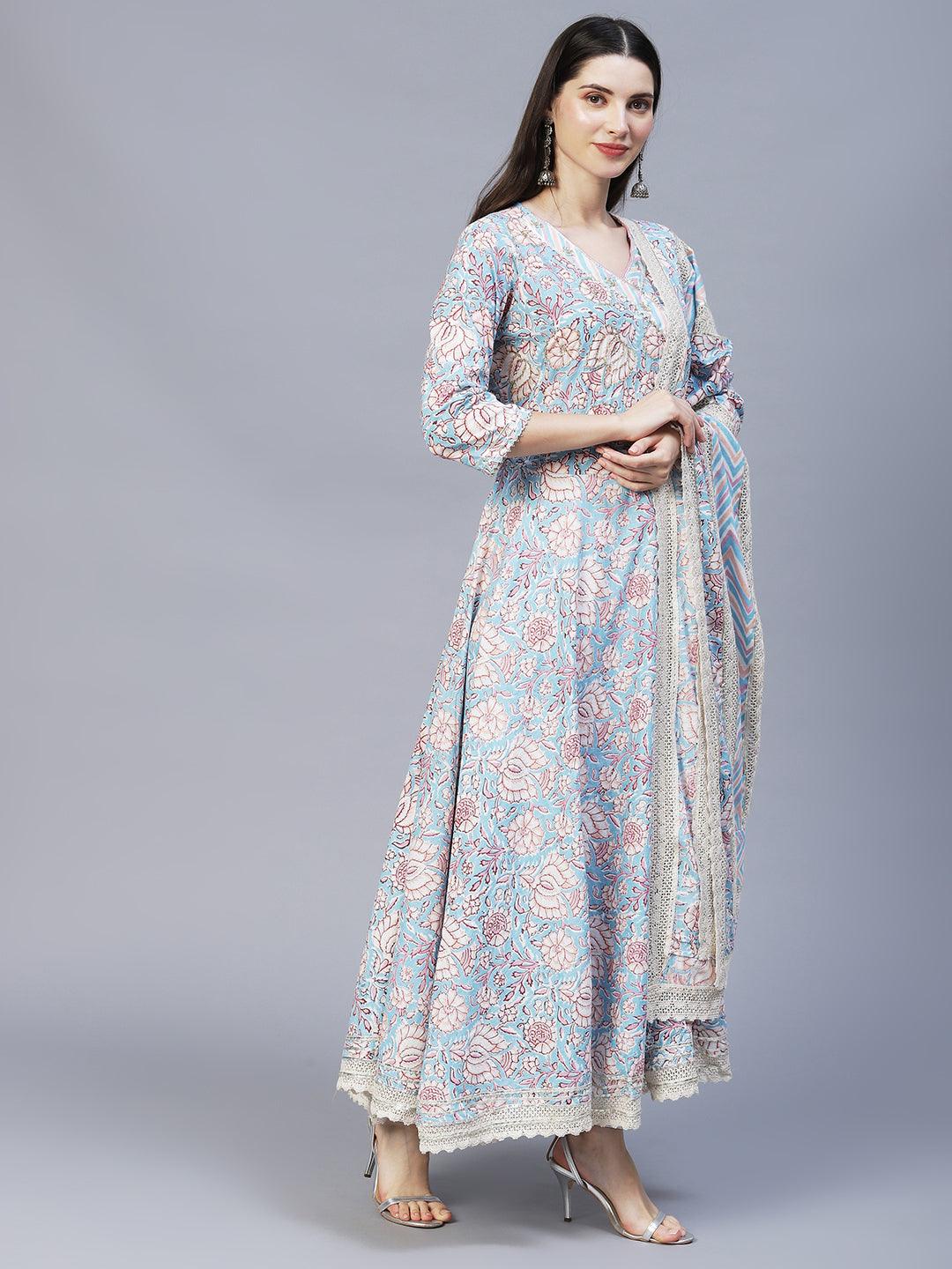 Floral Printed & Hand Embroidered Kurta with Pants & Dupatta - Light Blue - Indiakreations