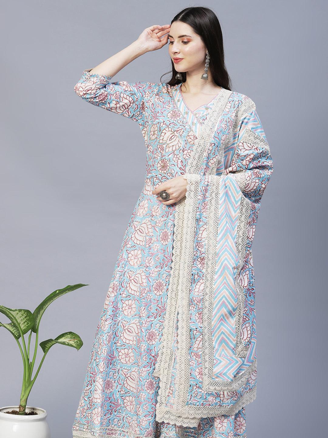 Floral Printed & Hand Embroidered Kurta with Pants & Dupatta - Light Blue - Indiakreations