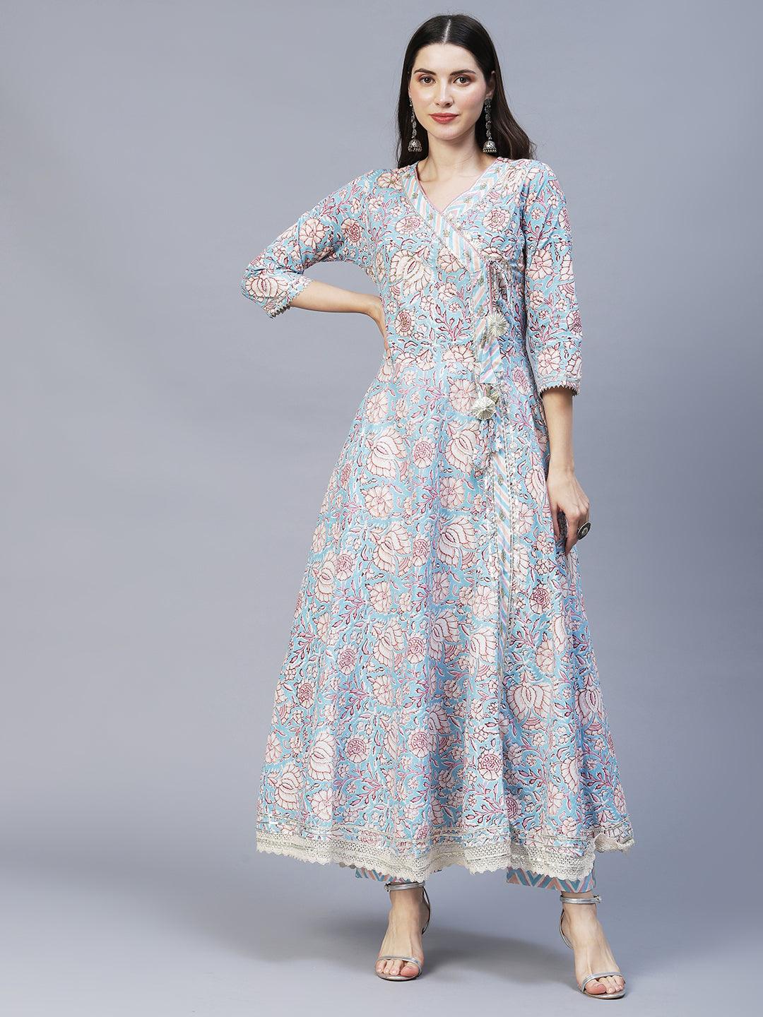 Floral Printed & Hand Embroidered Kurta with Pants & Dupatta - Light Blue - Indiakreations