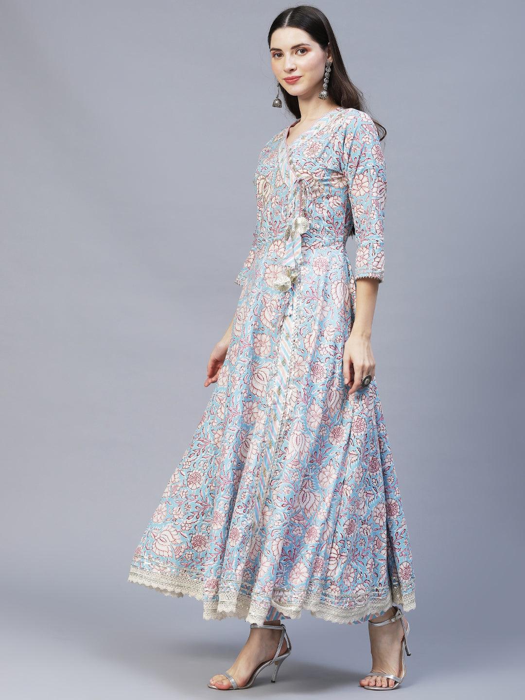 Floral Printed & Hand Embroidered Kurta with Pants & Dupatta - Light Blue - Indiakreations