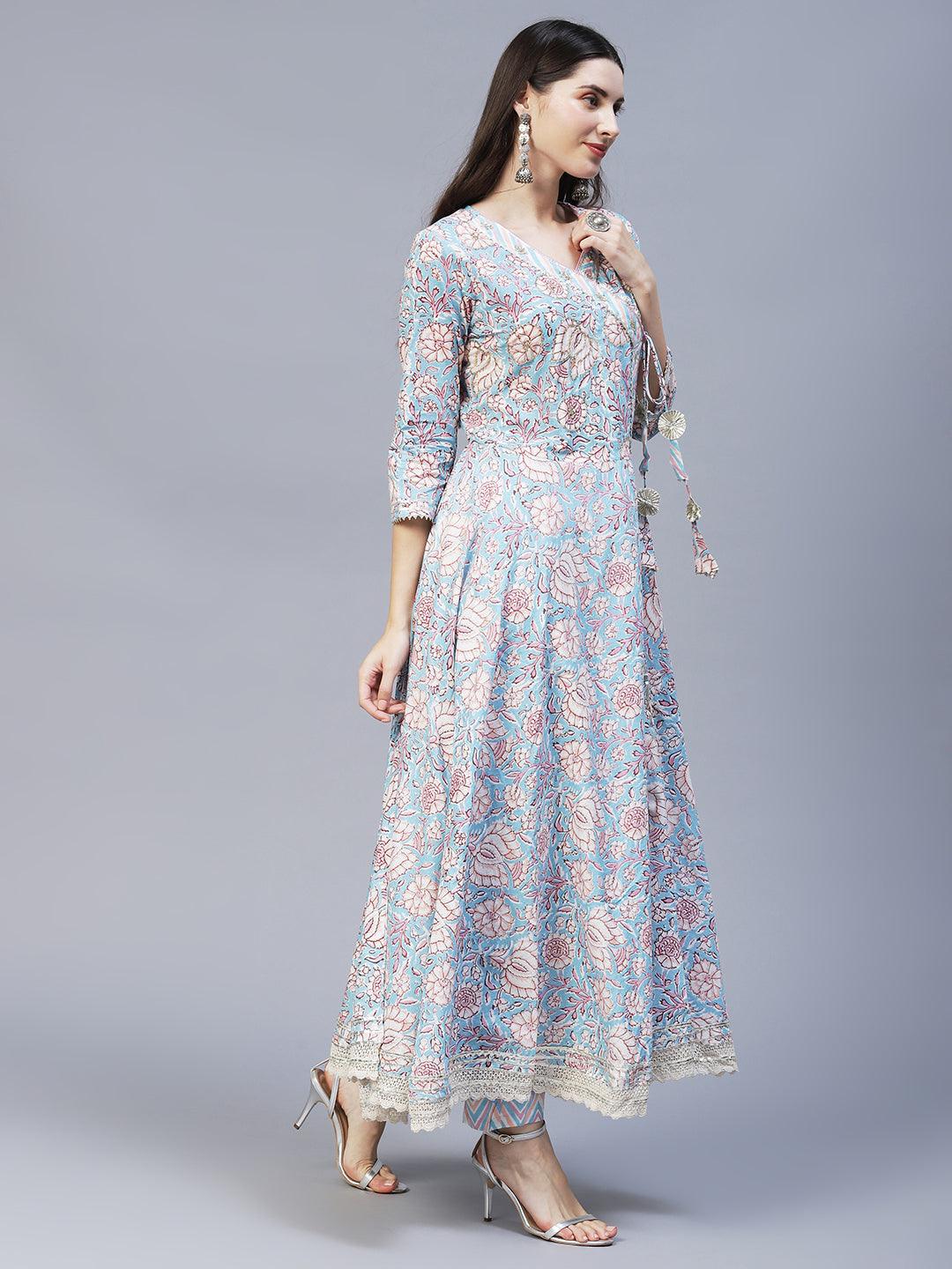 Floral Printed & Hand Embroidered Kurta with Pants & Dupatta - Light Blue - Indiakreations