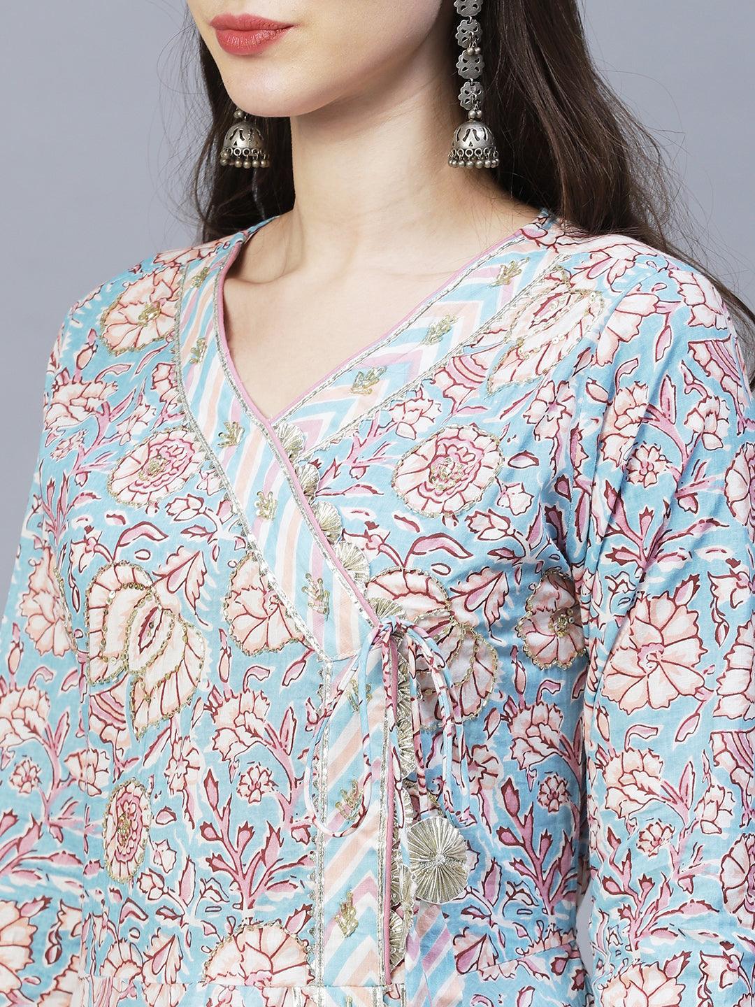 Floral Printed & Hand Embroidered Kurta with Pants & Dupatta - Light Blue - Indiakreations