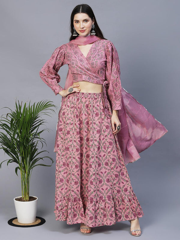 Ethnic Block Printed Short Top with Flared Skirt & Dupatta - Lilac Purple - Indiakreations