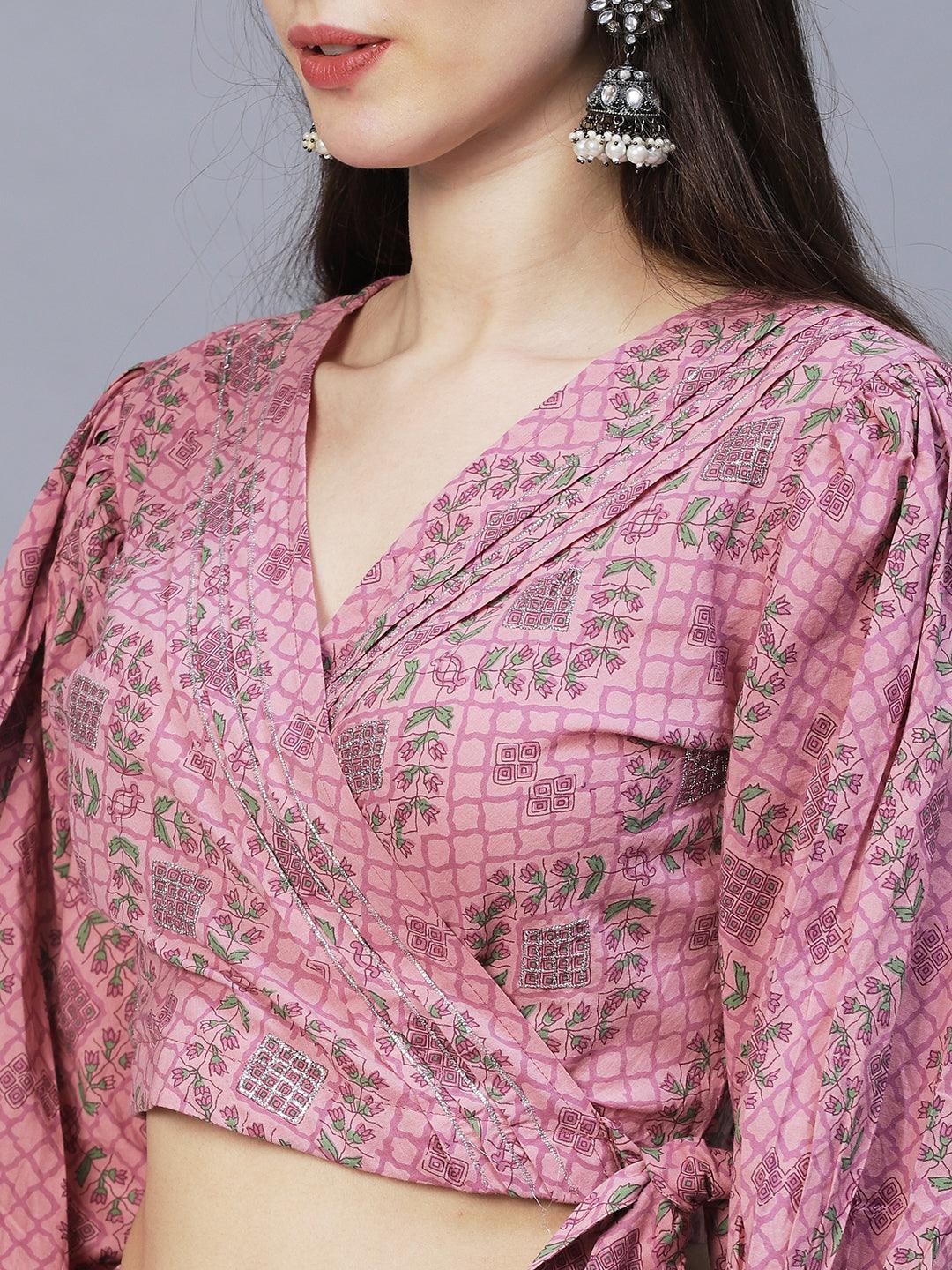 Ethnic Block Printed Short Top with Flared Skirt & Dupatta - Lilac Purple - Indiakreations