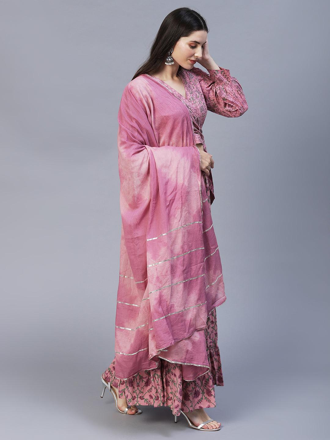 Ethnic Block Printed Short Top with Flared Skirt & Dupatta - Lilac Purple - Indiakreations