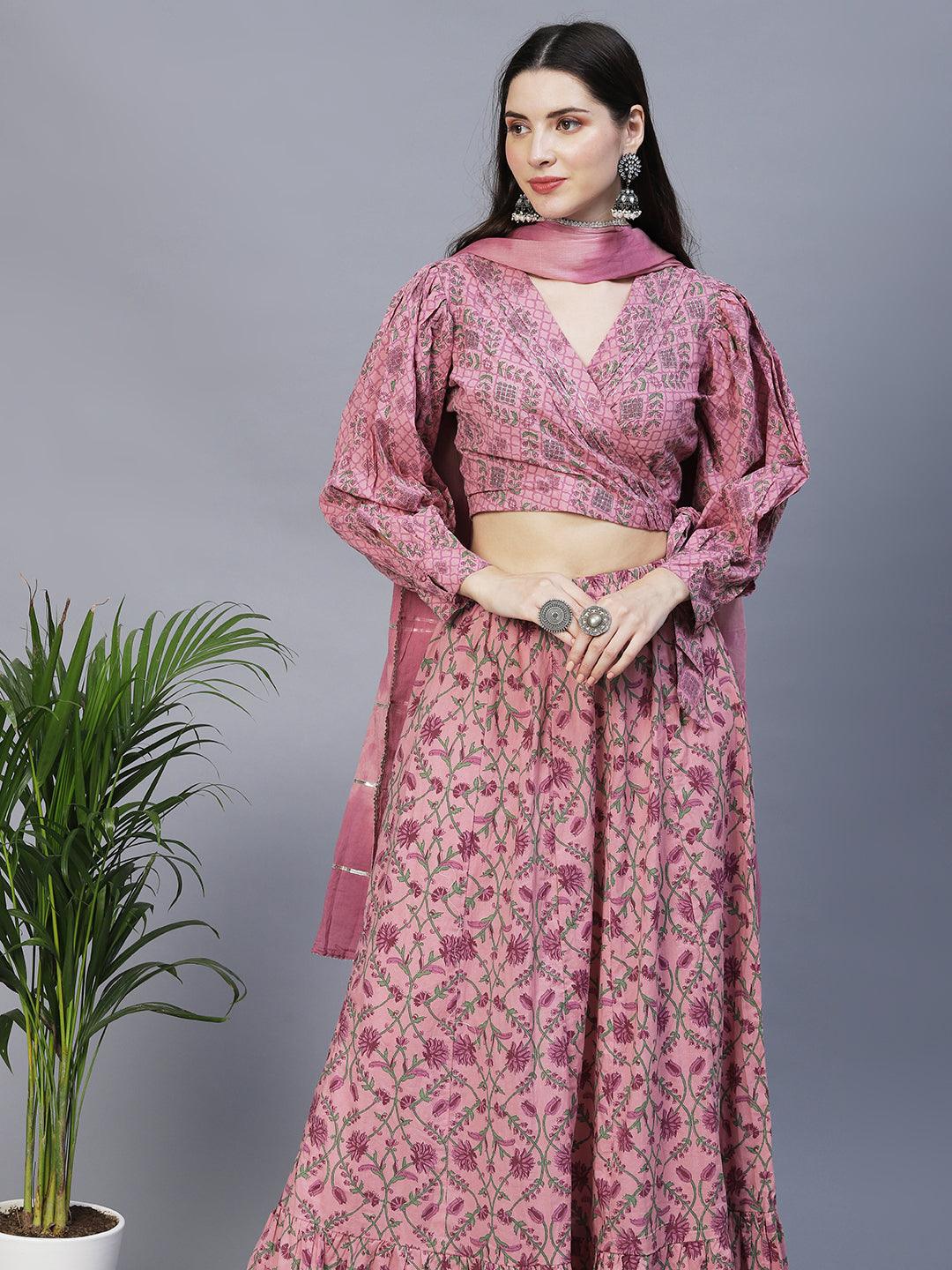 Ethnic Block Printed Short Top with Flared Skirt & Dupatta - Lilac Purple - Indiakreations