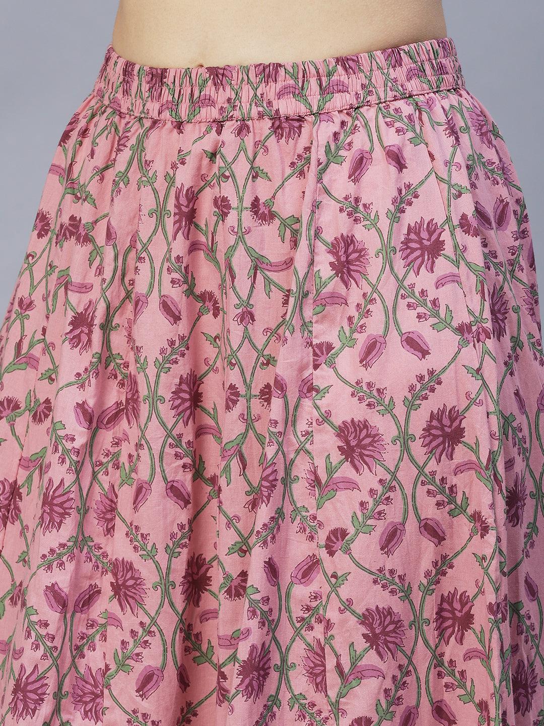 Ethnic Block Printed Short Top with Flared Skirt & Dupatta - Lilac Purple - Indiakreations