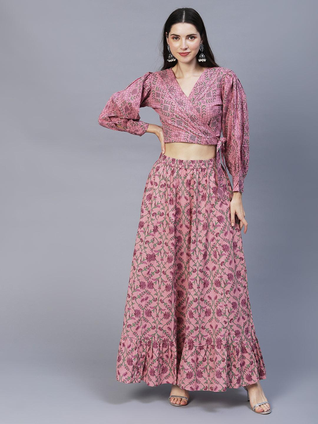 Ethnic Block Printed Short Top with Flared Skirt & Dupatta - Lilac Purple - Indiakreations