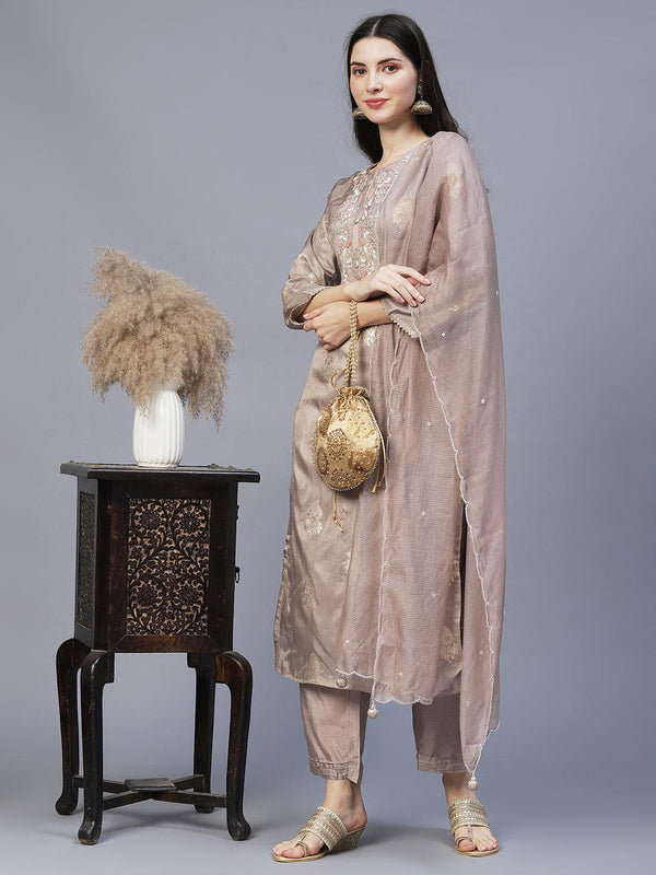 Floral Hand Embroidered Kurta with Pants & Dupatta - Taupe - Indiakreations