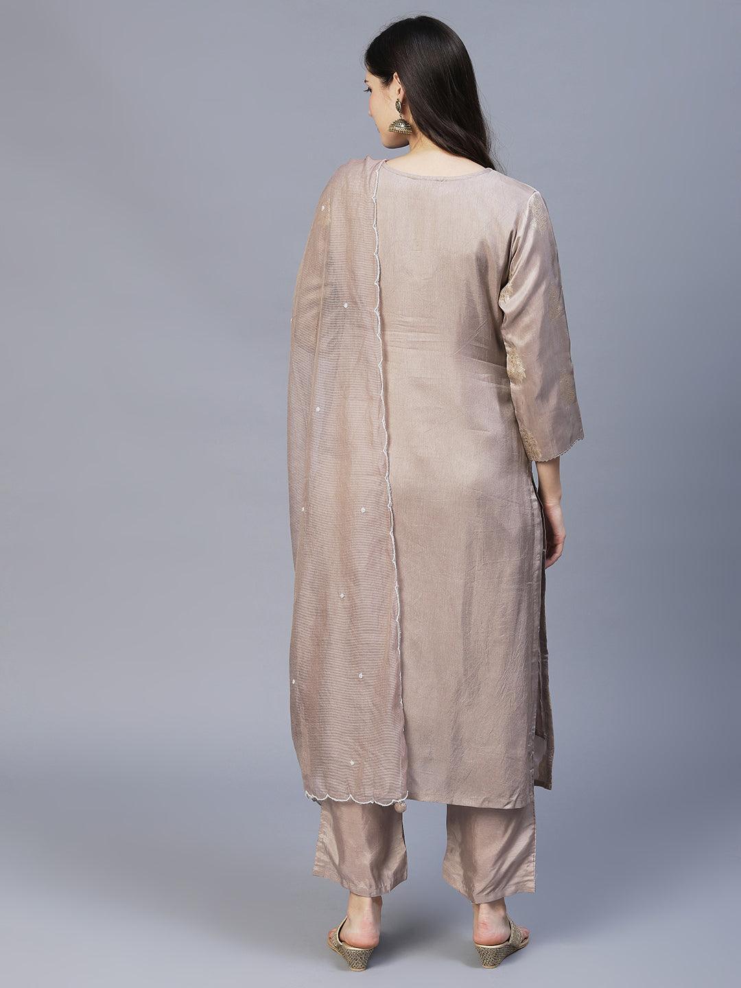 Floral Hand Embroidered Kurta with Pants & Dupatta - Taupe - Indiakreations