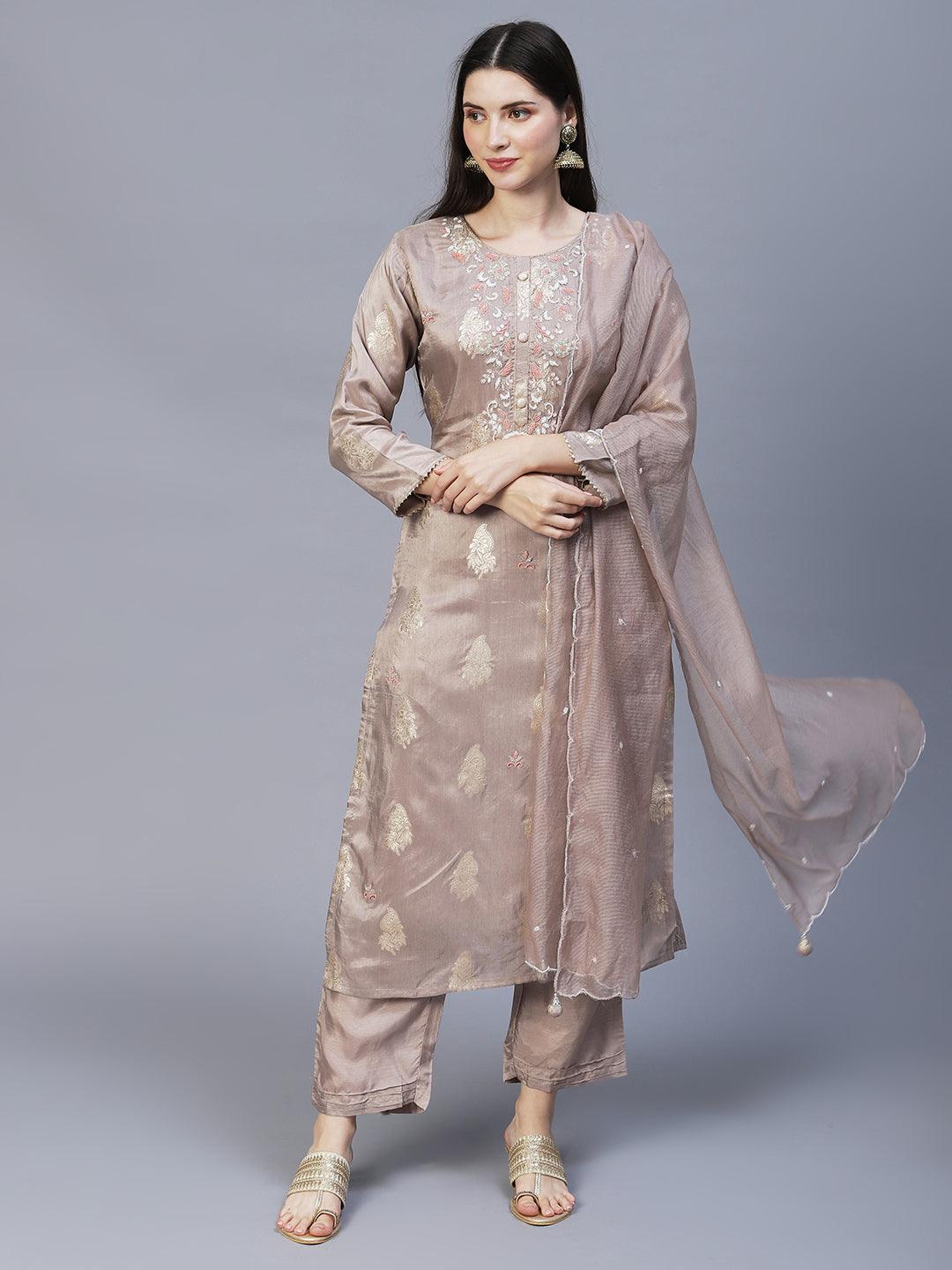 Floral Hand Embroidered Kurta with Pants & Dupatta - Taupe - Indiakreations