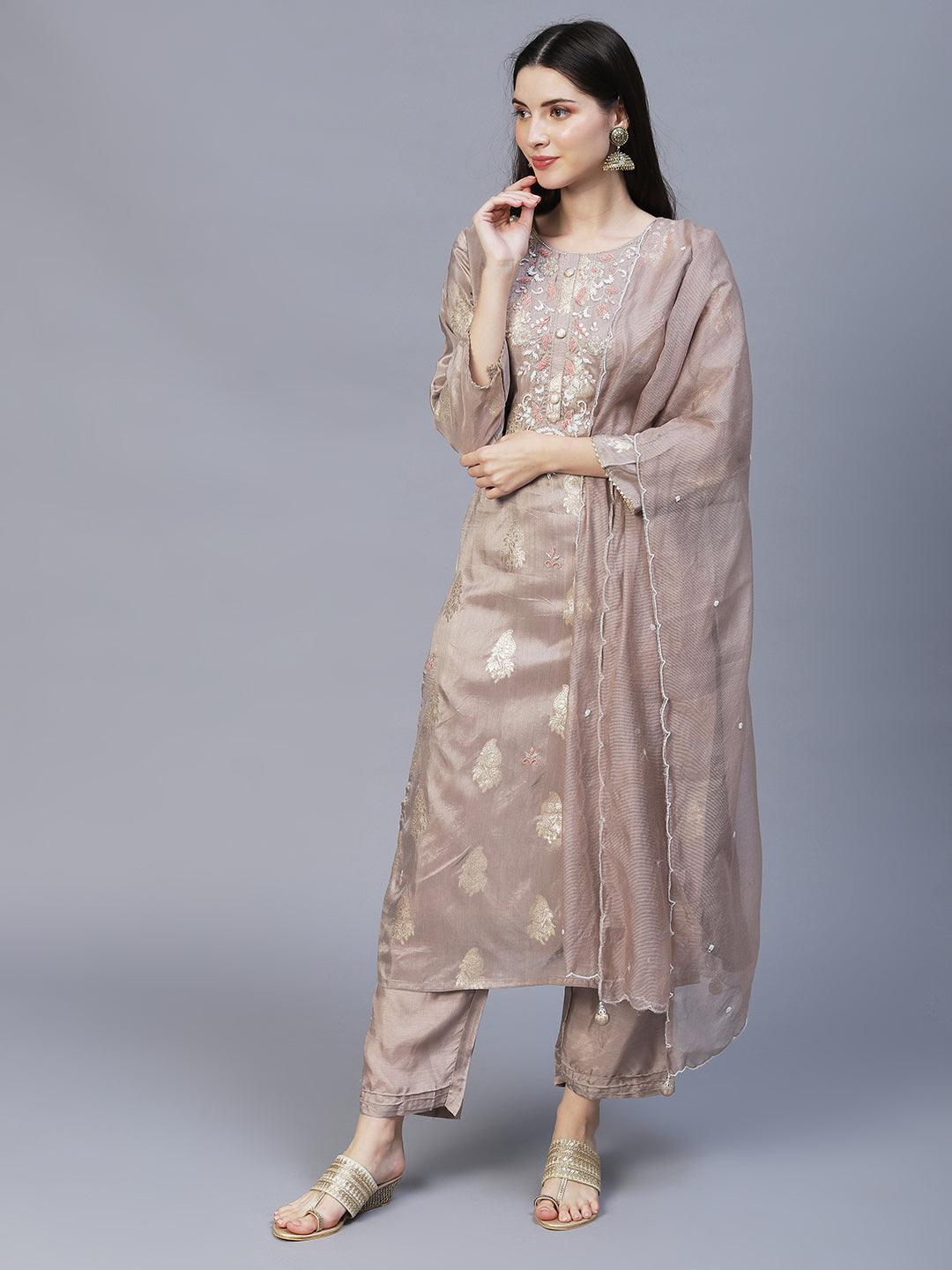 Floral Hand Embroidered Kurta with Pants & Dupatta - Taupe - Indiakreations