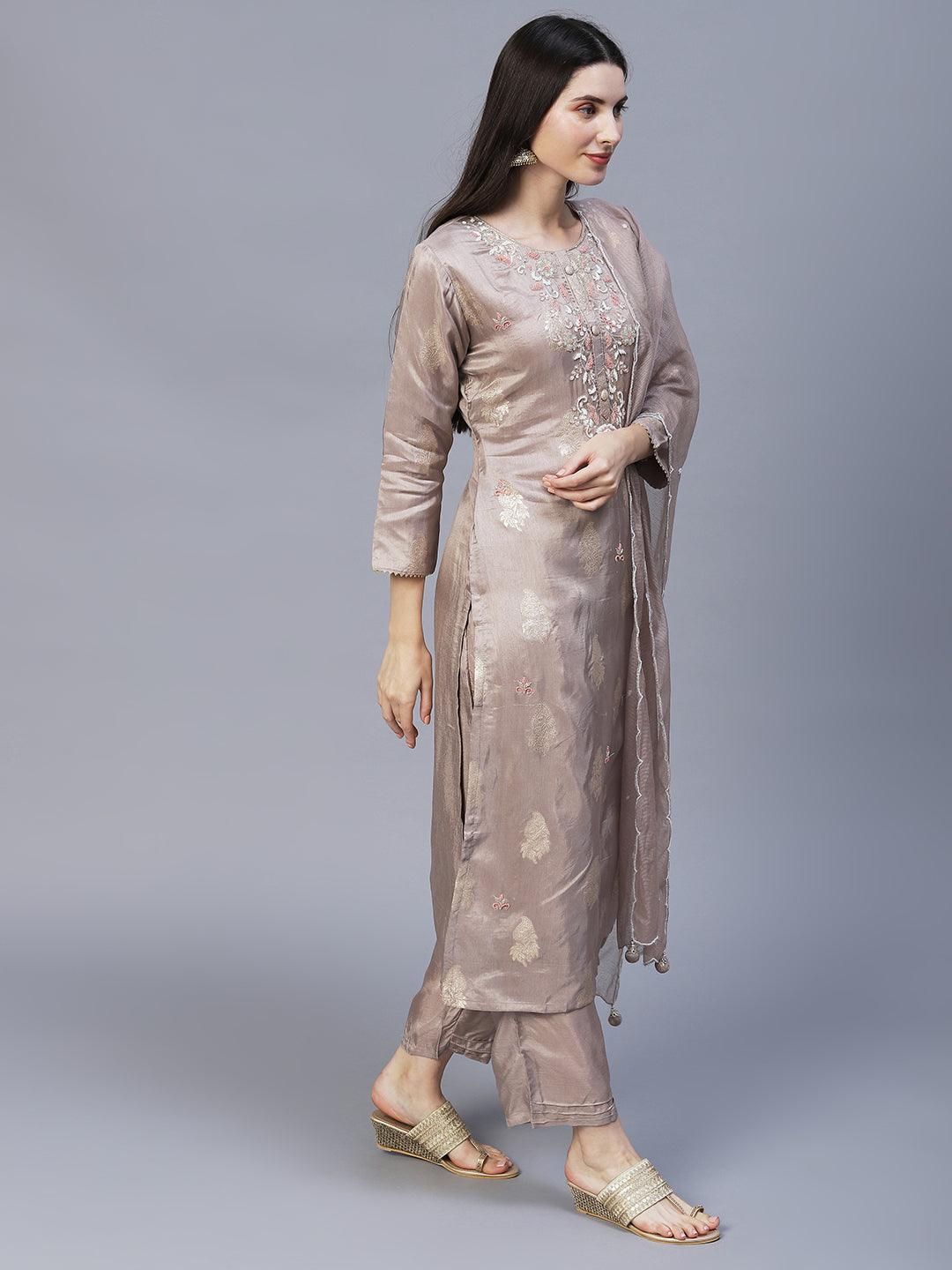 Floral Hand Embroidered Kurta with Pants & Dupatta - Taupe - Indiakreations