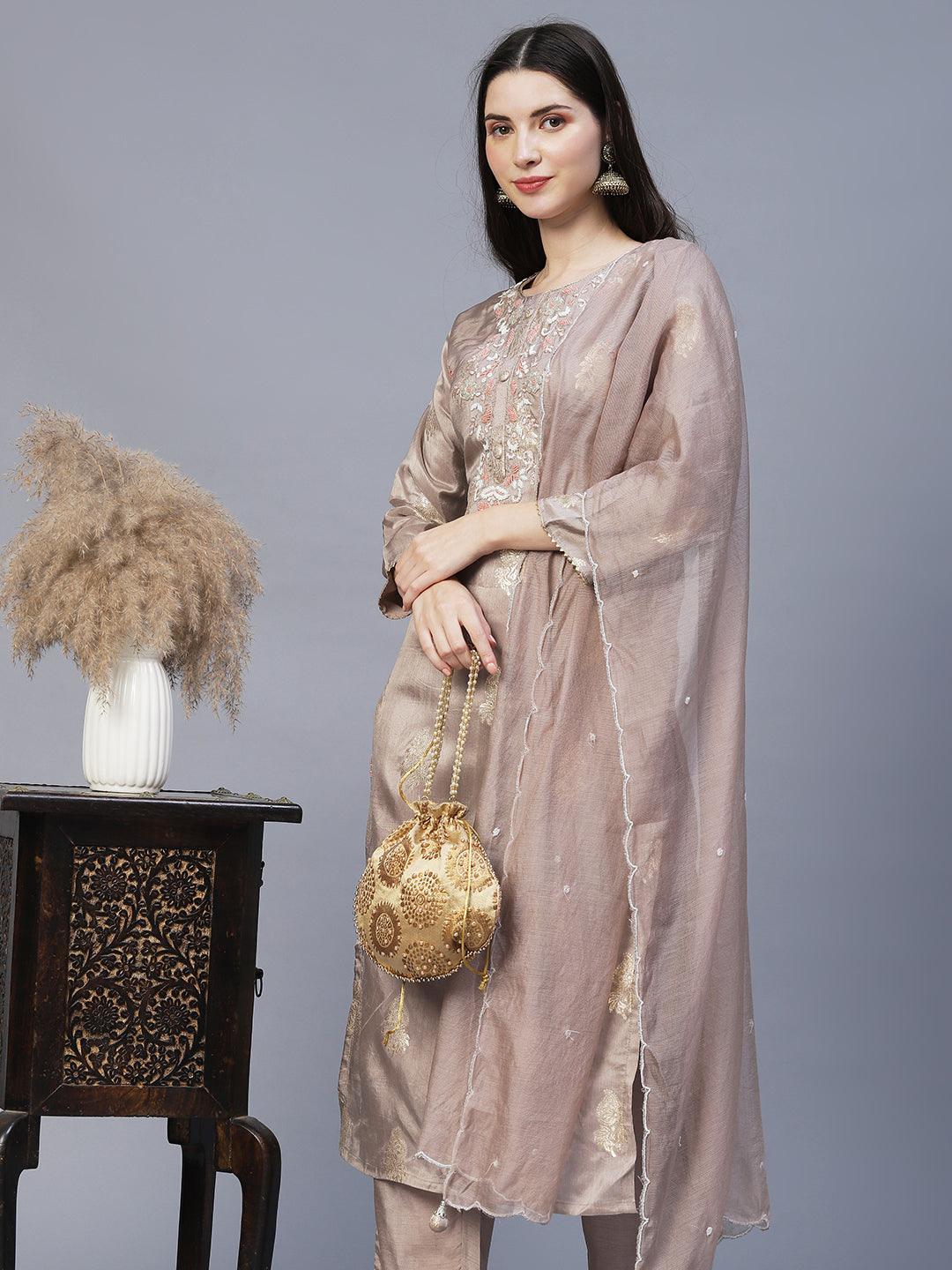 Floral Hand Embroidered Kurta with Pants & Dupatta - Taupe - Indiakreations