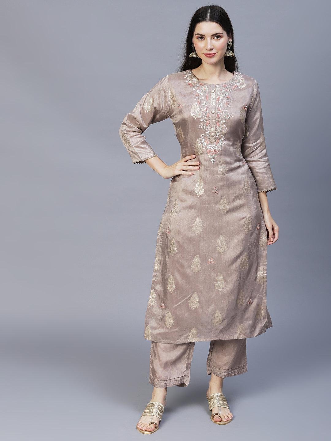 Floral Hand Embroidered Kurta with Pants & Dupatta - Taupe - Indiakreations