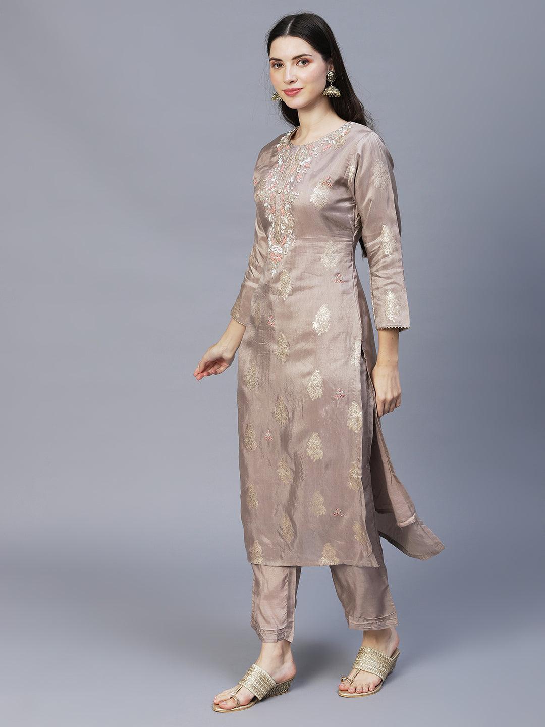 Floral Hand Embroidered Kurta with Pants & Dupatta - Taupe - Indiakreations