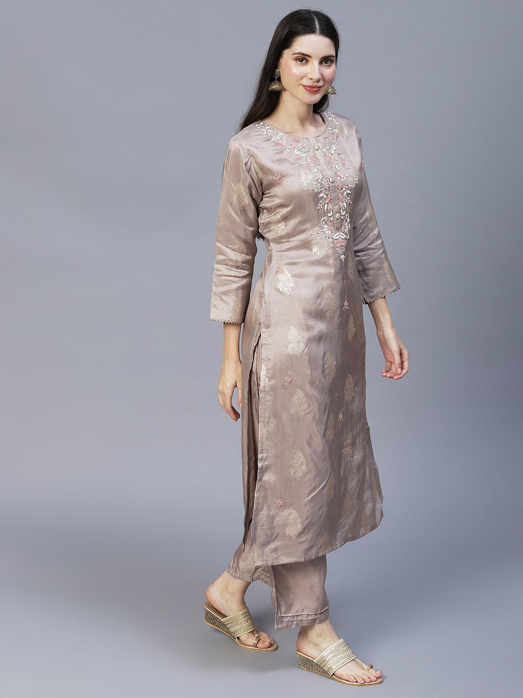 Floral Hand Embroidered Kurta with Pants & Dupatta - Taupe - Indiakreations