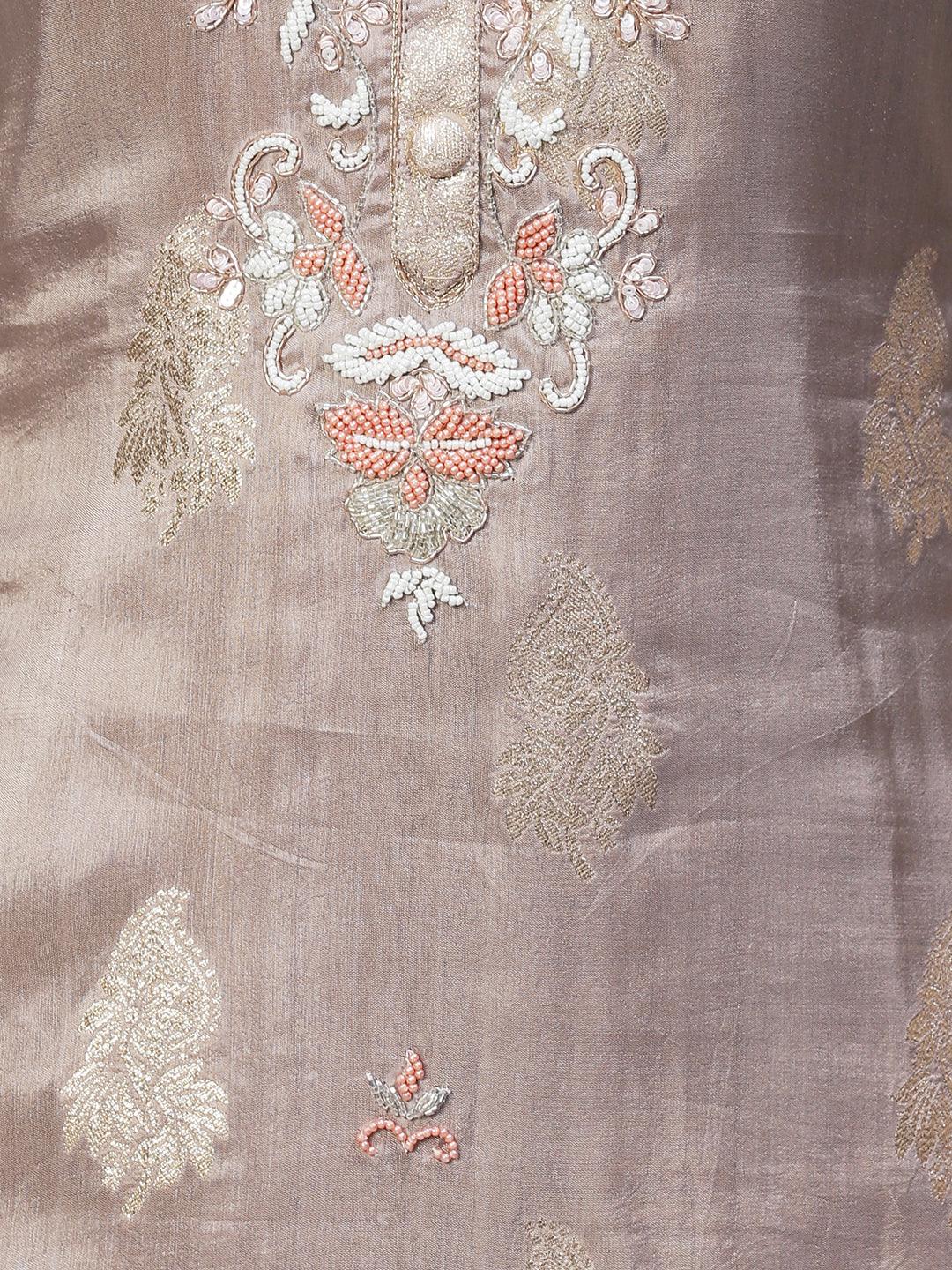 Floral Hand Embroidered Kurta with Pants & Dupatta - Taupe - Indiakreations