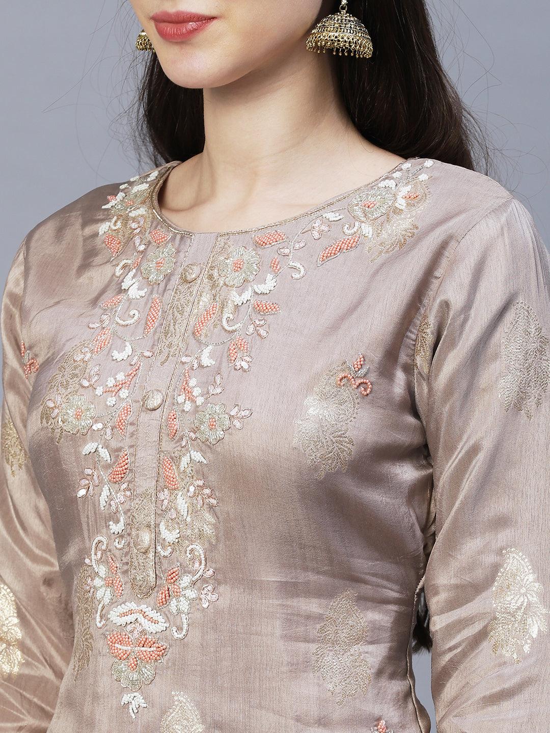 Floral Hand Embroidered Kurta with Pants & Dupatta - Taupe - Indiakreations