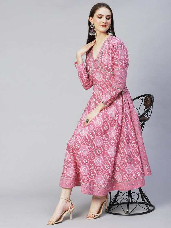 Ethnic Printed & Embroidered Flared Midi Dress - Light Mauve - Indiakreations