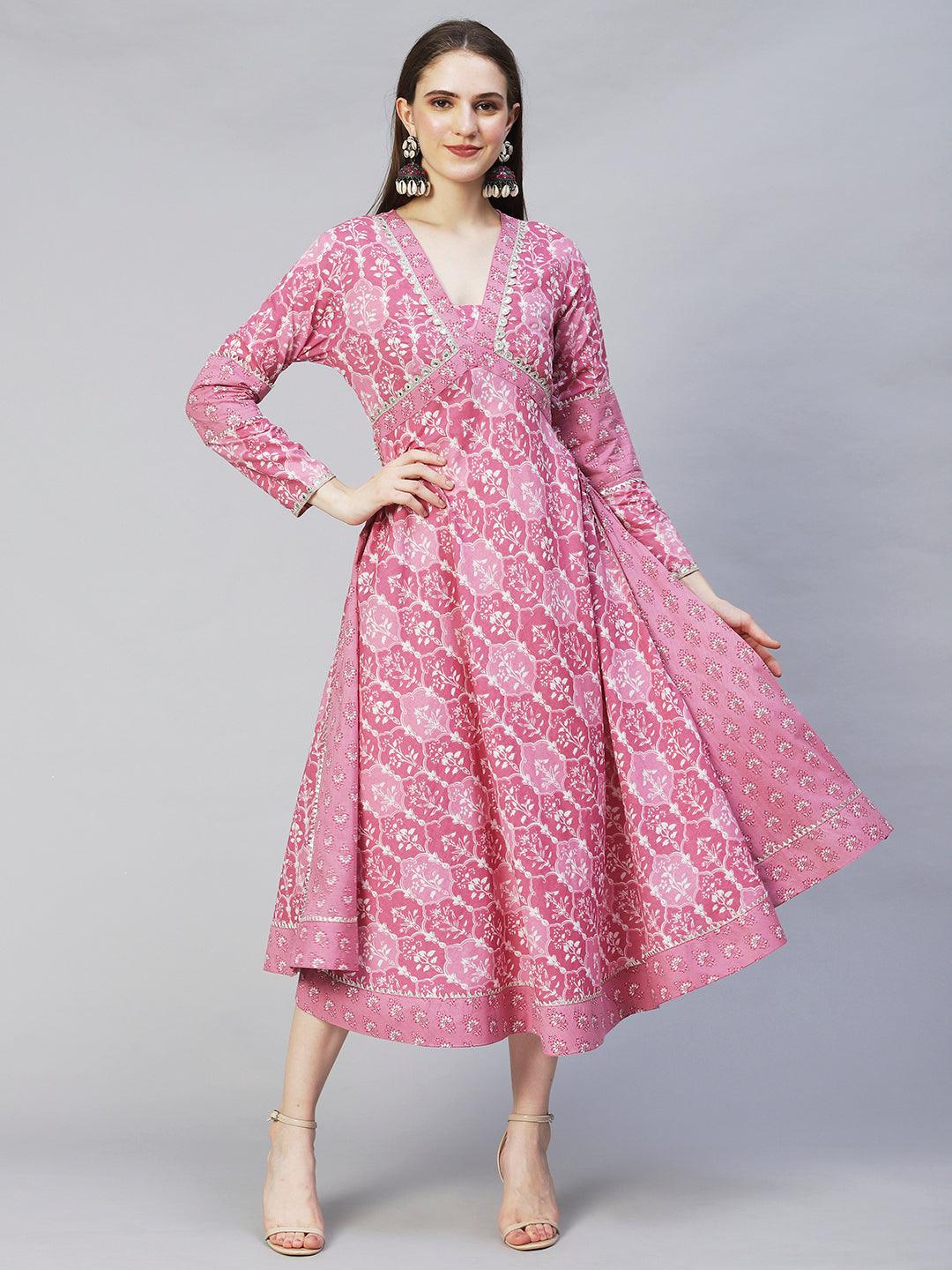 Ethnic Printed & Embroidered Flared Midi Dress - Light Mauve - Indiakreations