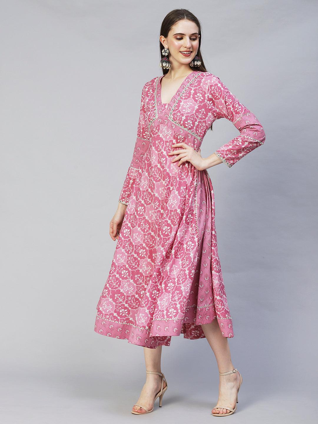 Ethnic Printed & Embroidered Flared Midi Dress - Light Mauve - Indiakreations