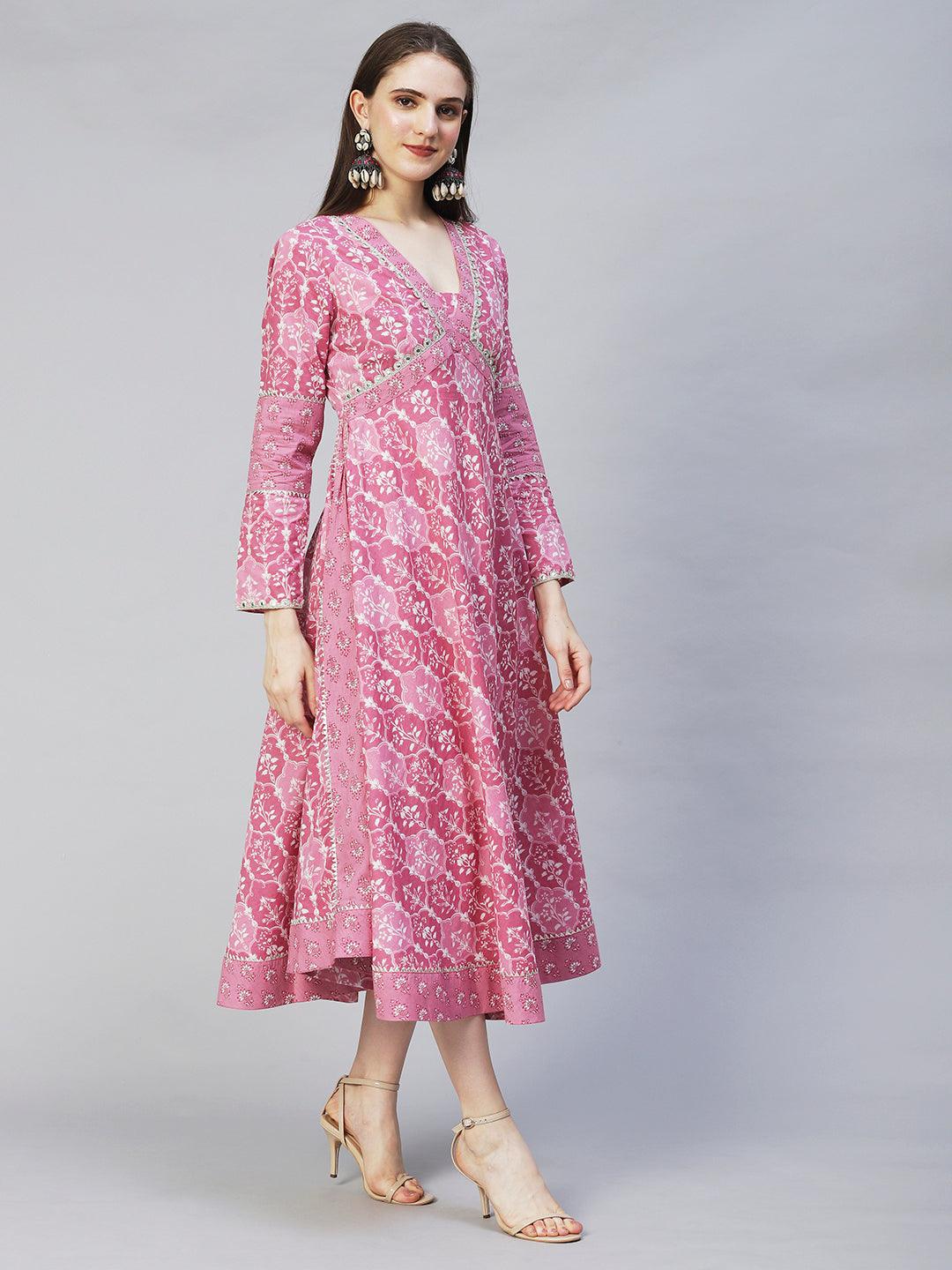 Ethnic Printed & Embroidered Flared Midi Dress - Light Mauve - Indiakreations